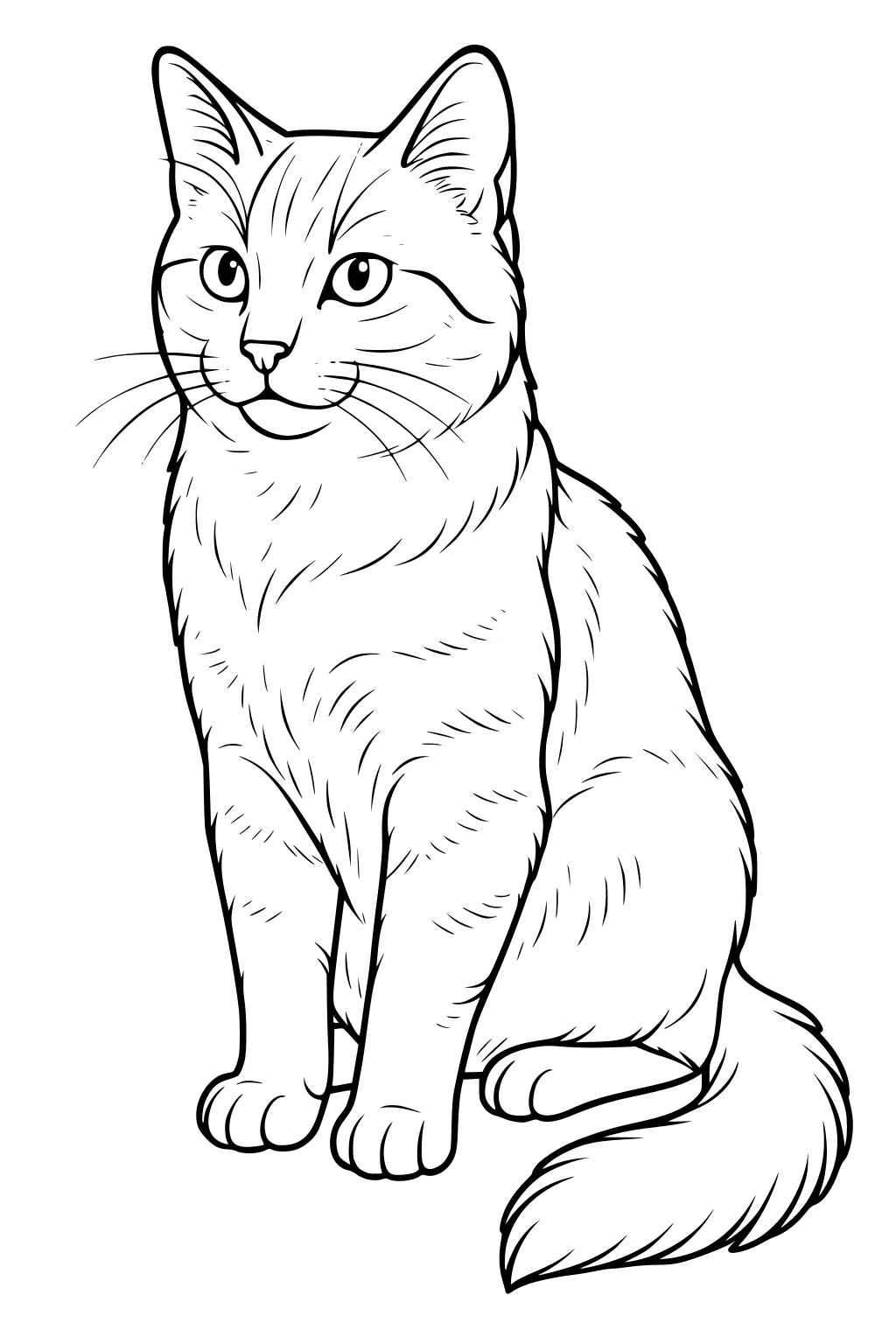 Outline drawing of a sitting domestic cat with fluffy fur, pointed ears, and a thick tail curled beside its legs.
