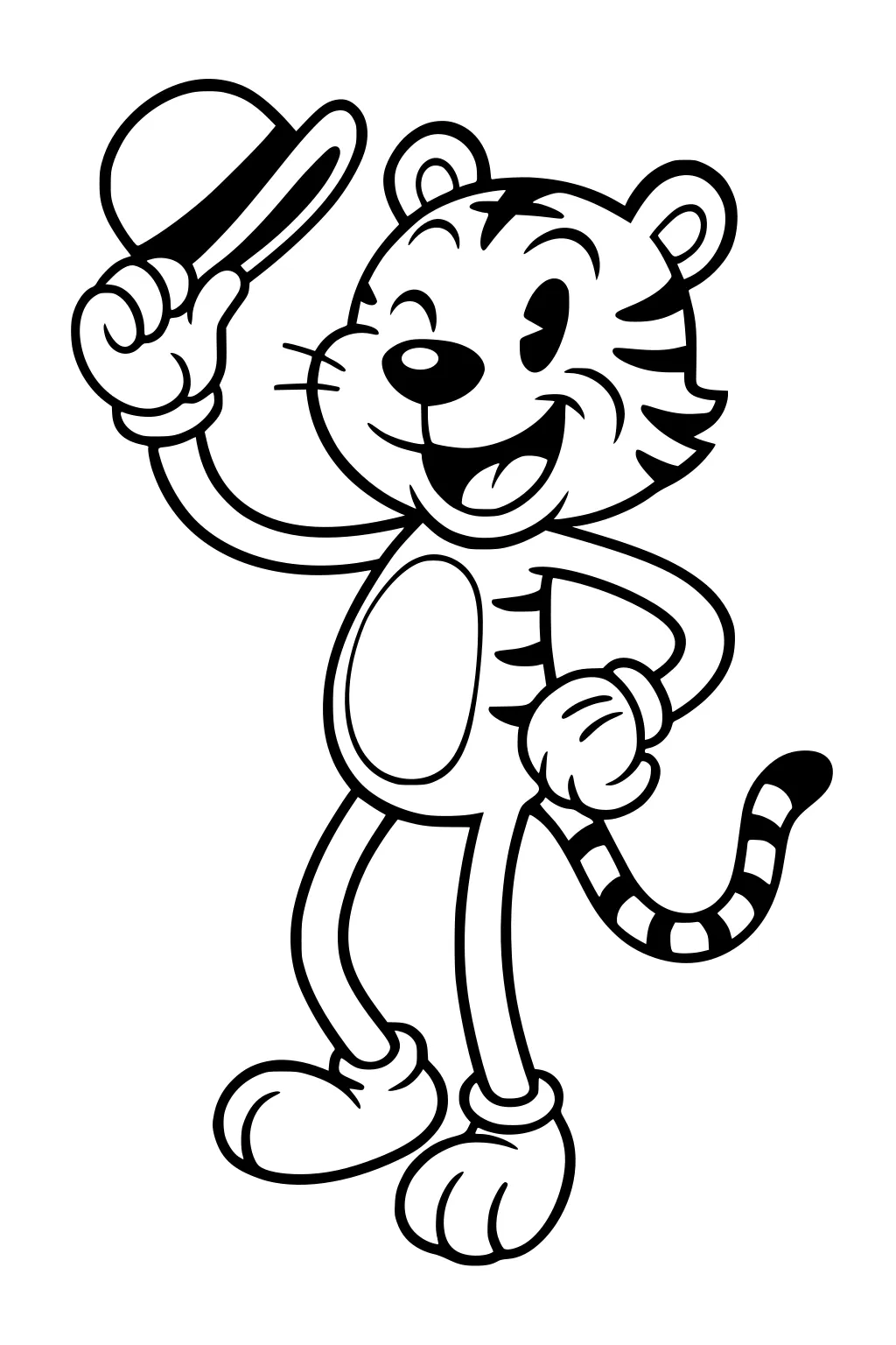 Cartoon tiger standing on two legs, smiling widely, lifting a hat above his head with his left paw.
