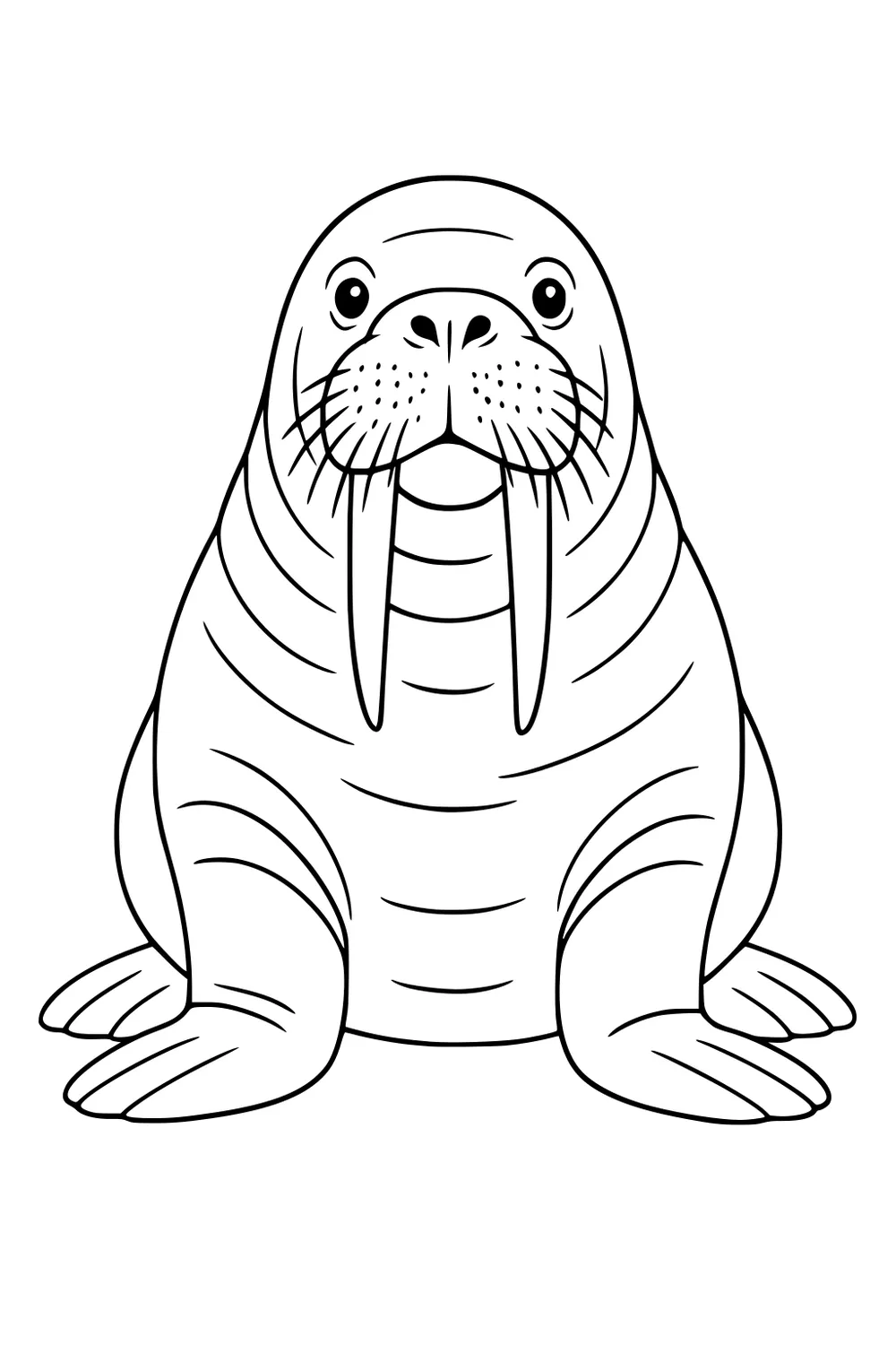 Outline drawing of a walrus with long tusks, round eyes, whiskers, flippers, and wrinkled skin, sitting on the ground.