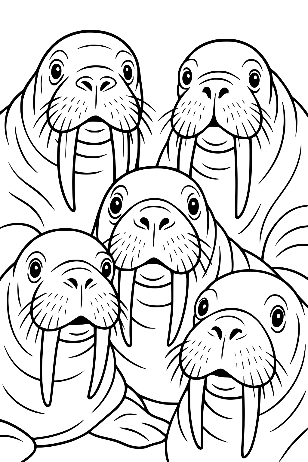 Five walruses with big tusks, wrinkled faces, black button eyes, and whiskers, closely grouped together facing forward.