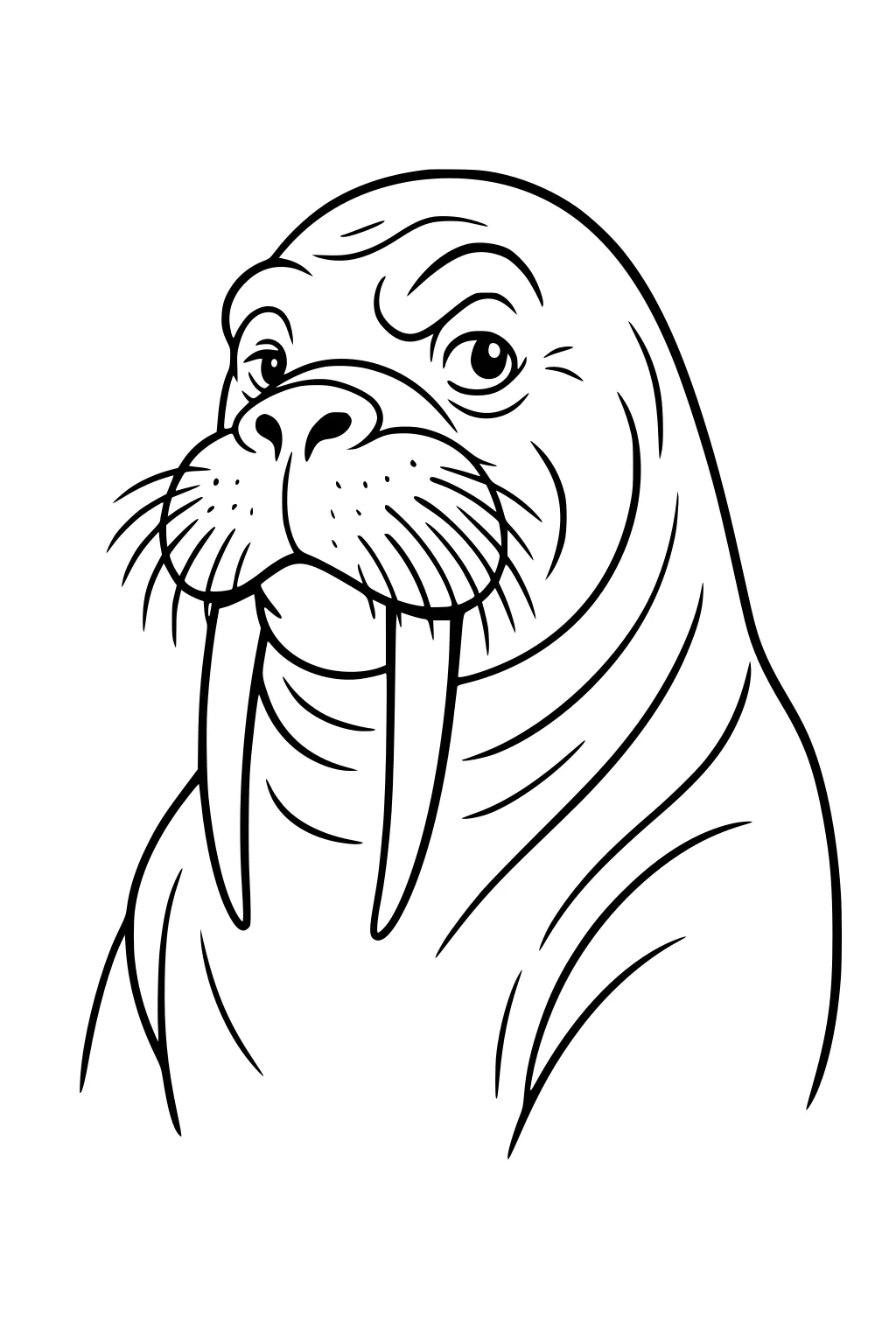 Cartoon walrus with long tusks, whiskers, big nose, and wrinkled body shown from the chest up.