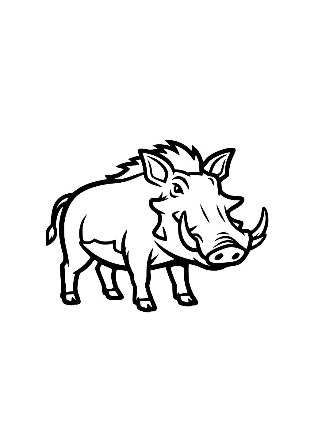 Cartoon warthog with spiky mane, big curved tusks, upright ears, and a flicked tail facing forward.