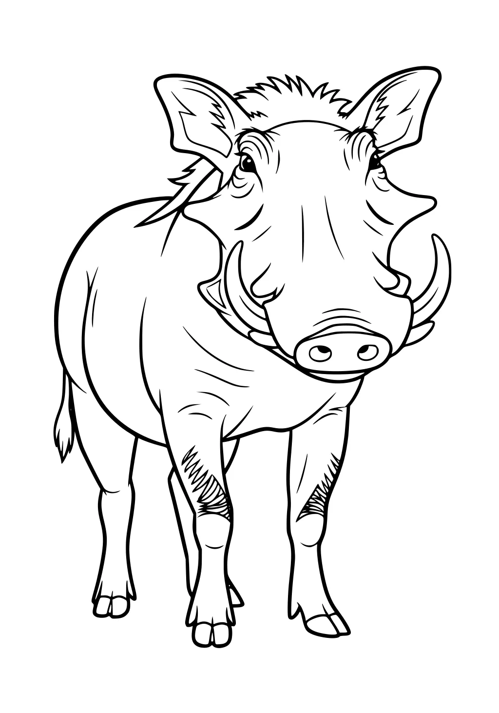 Line drawing of a warthog facing forward with big tusks, large ears, bristly mane, and a skinny tail with a tuft at the end.
