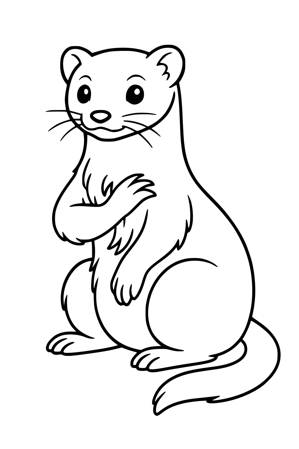 Outline drawing of a sitting weasel with round body, large eyes, and a long tail curled around its feet.