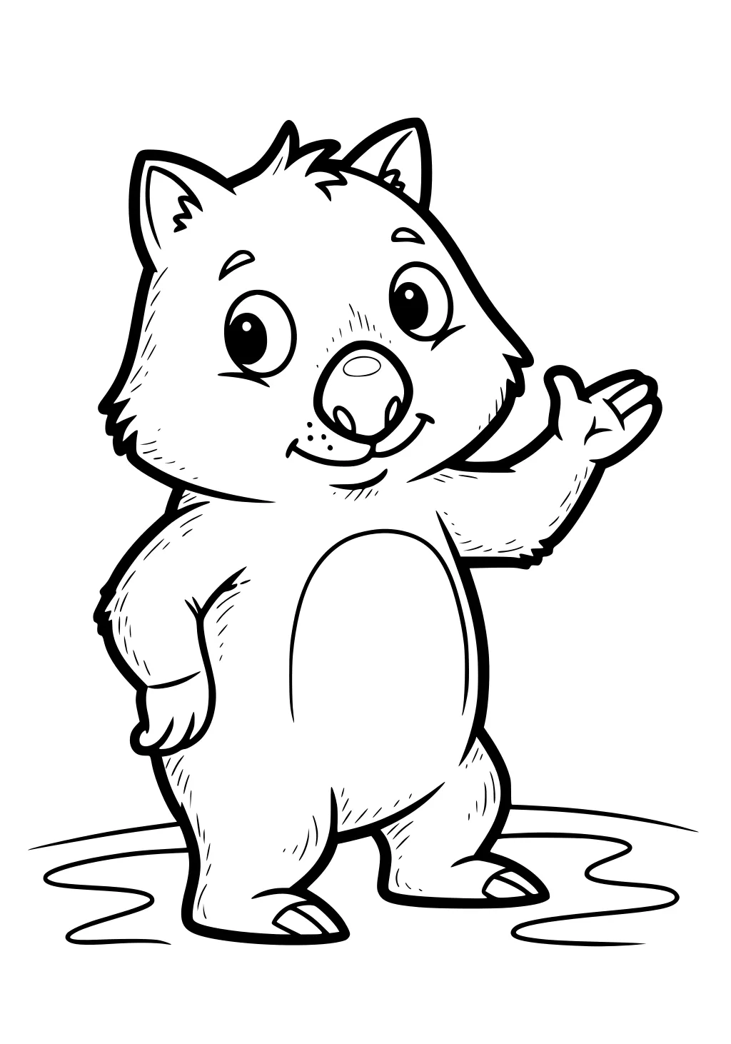 Cartoon wombat waving with one paw, big eyes, round belly, small ears, friendly smile, simple ground lines on a blank background.