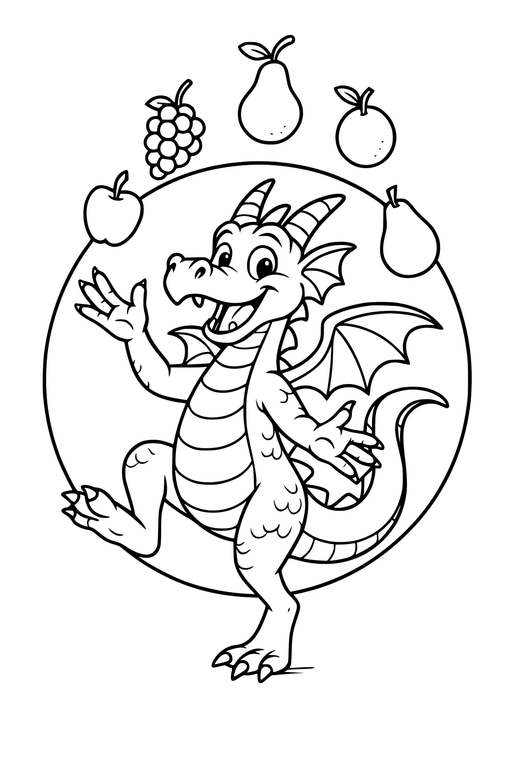 Smiling cartoon dragon with horns and wings dancing in a circle, surrounded by apple, grapes, pears, and a round fruit.