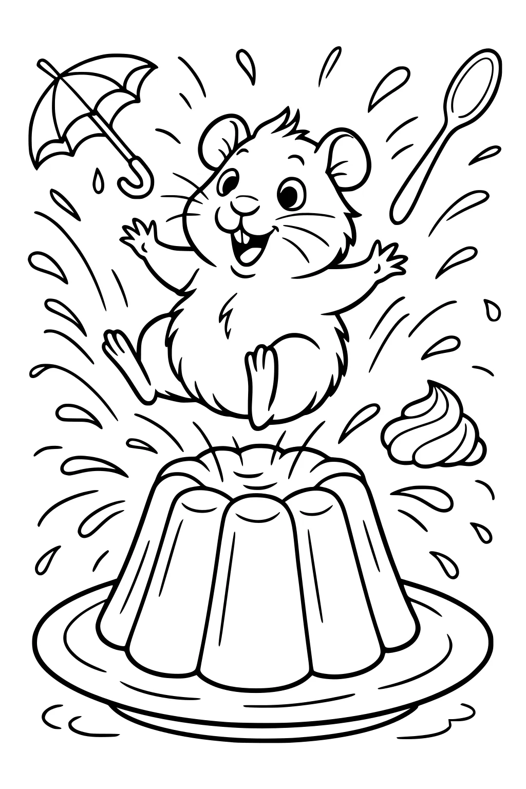 Guinea pig bouncing on jelly with flying spoon, umbrella, and whipped cream, surrounded by splashing drops.