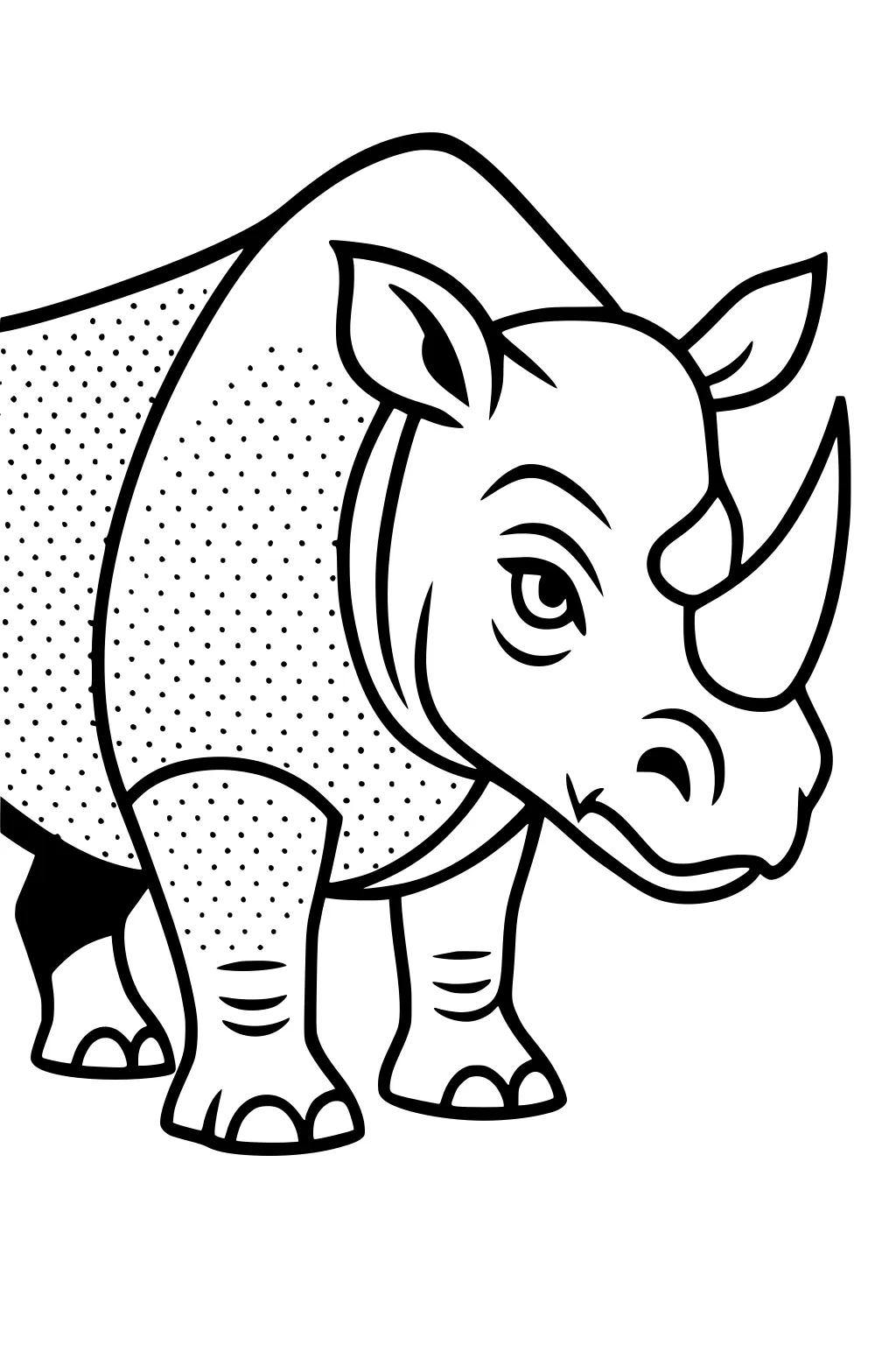 Large cartoon rhinoceros with spots and a forward horn, standing and looking to the side.
