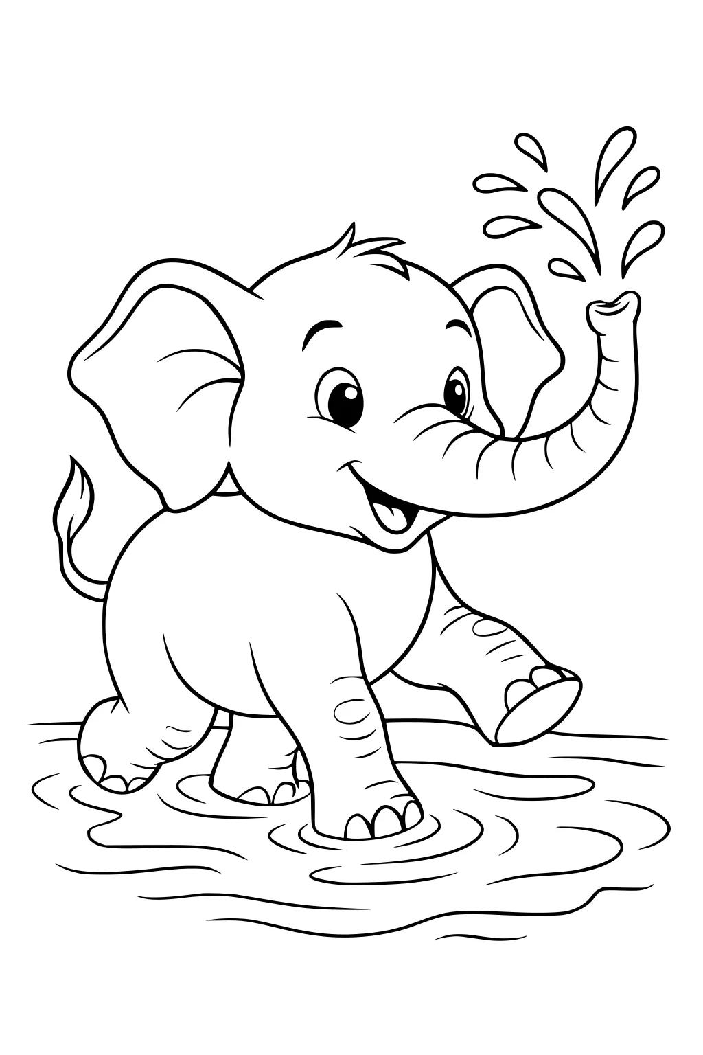 Baby elephant spraying water from trunk and standing in a puddle with a happy expression.