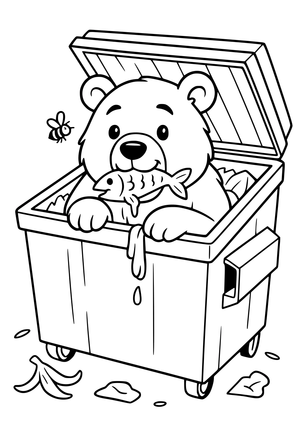 Bear eating fish inside an open trash bin, bee nearby, scraps and banana peel on ground.