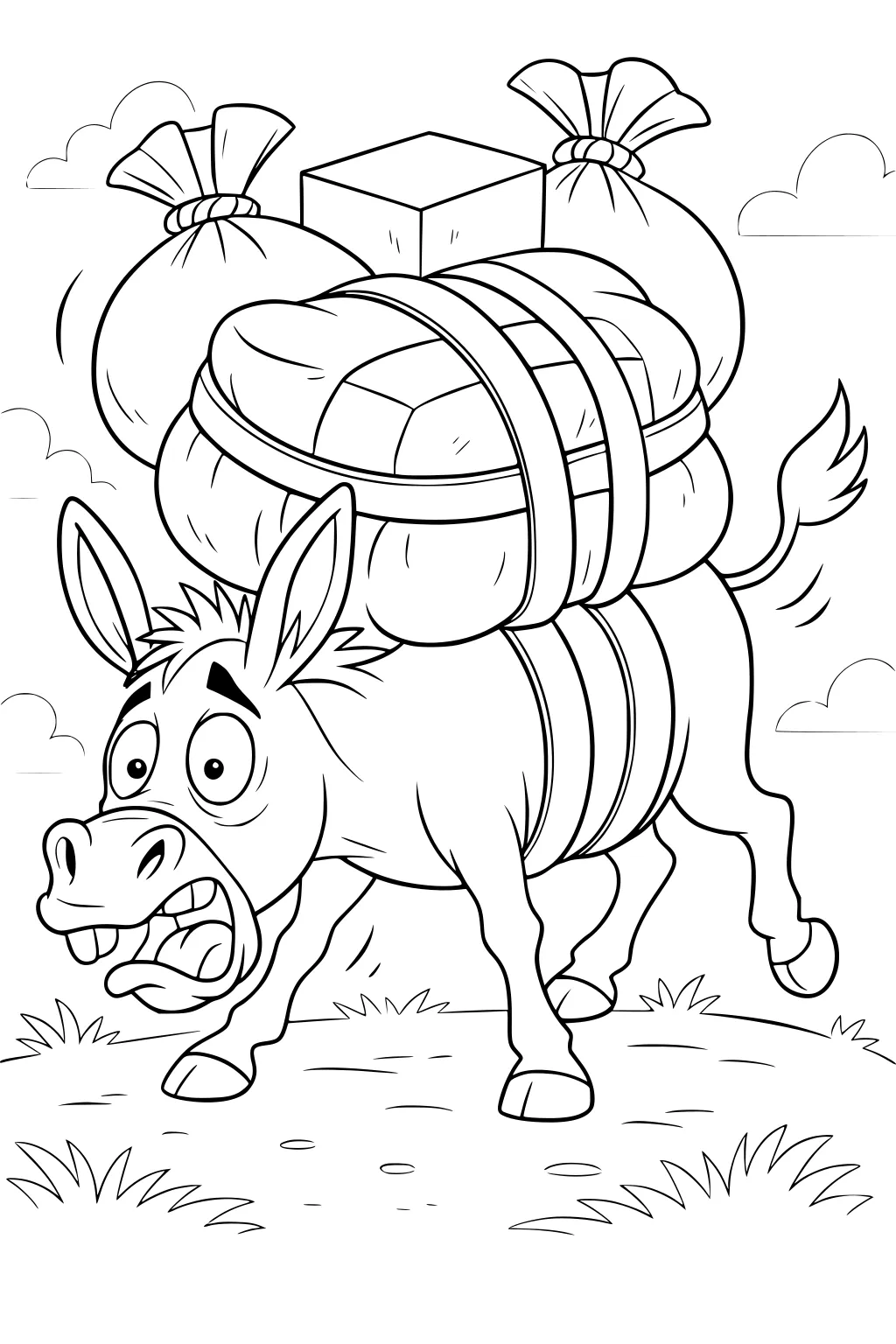 Cartoon donkey with surprised face carrying big packages and sacks on its back, standing on grass with clouds in the background.