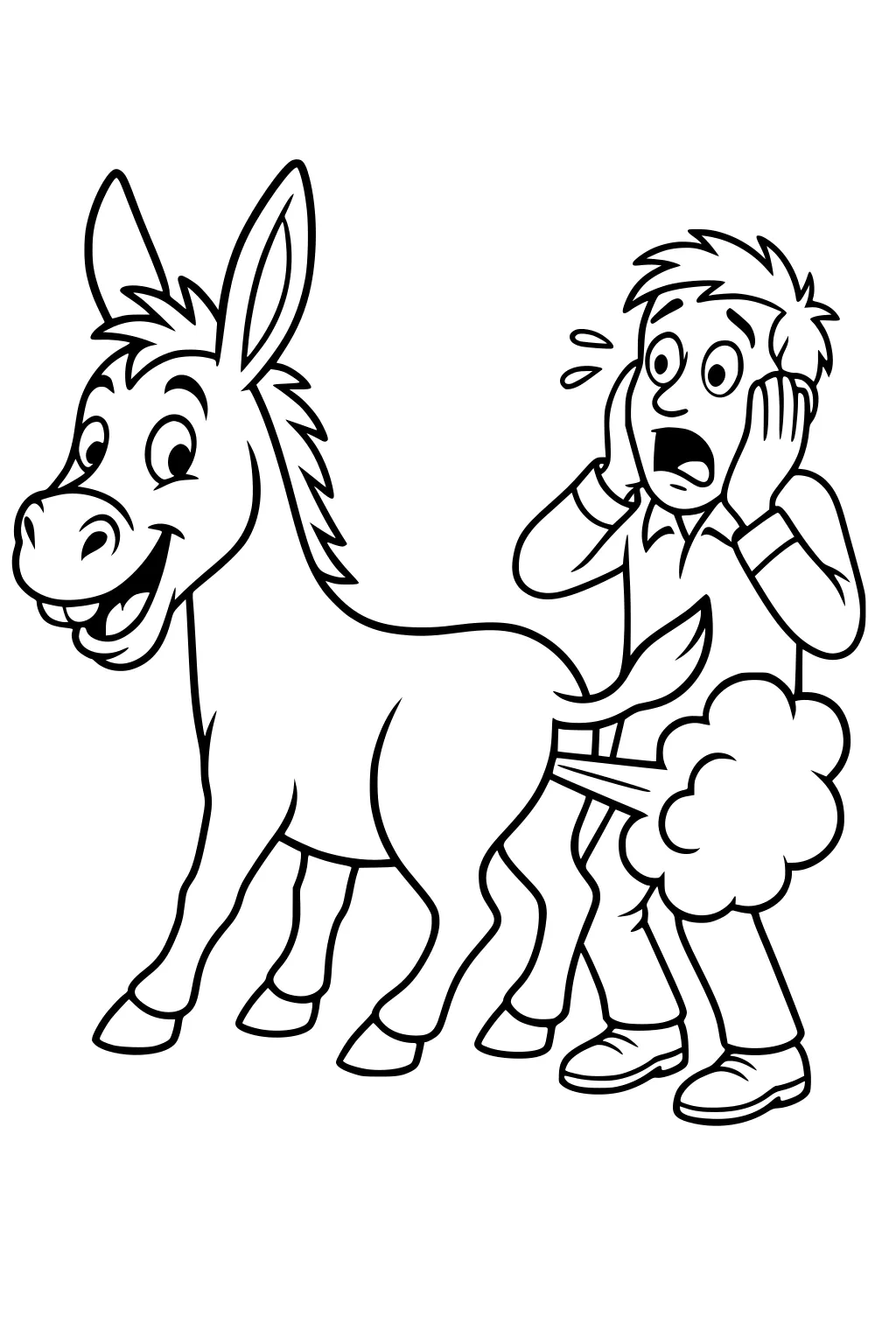Donkey smiling as it passes gas near a surprised boy holding his face, both drawn in a cartoon style.