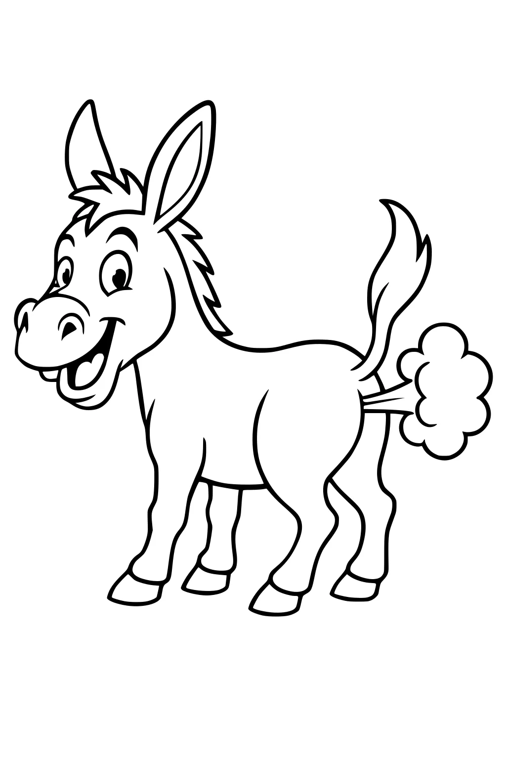Cartoon donkey grinning with puff of wind behind him, standing on four legs.