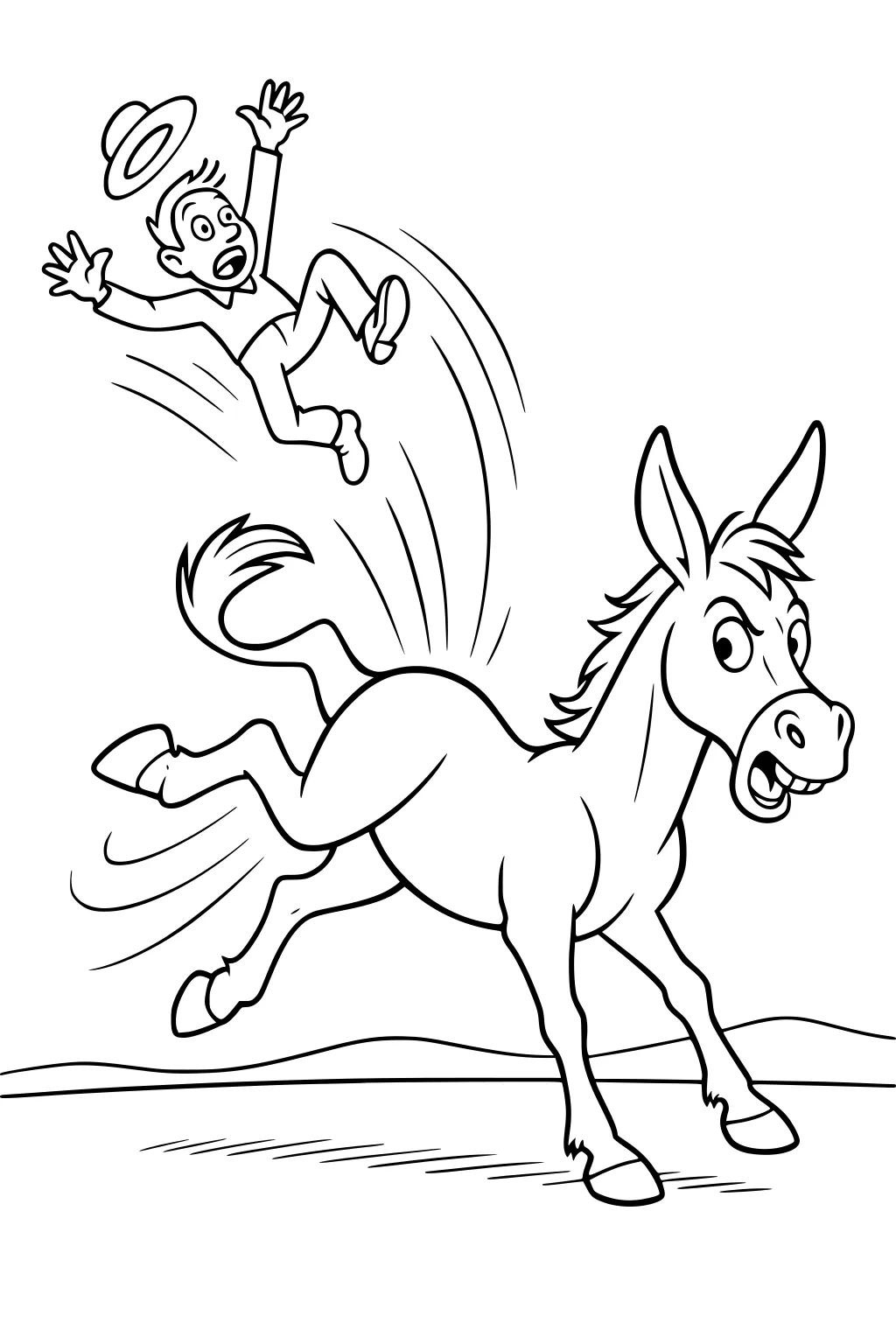 Donkey kicking up its legs as a surprised man falls off, hat flying, with simple background lines.