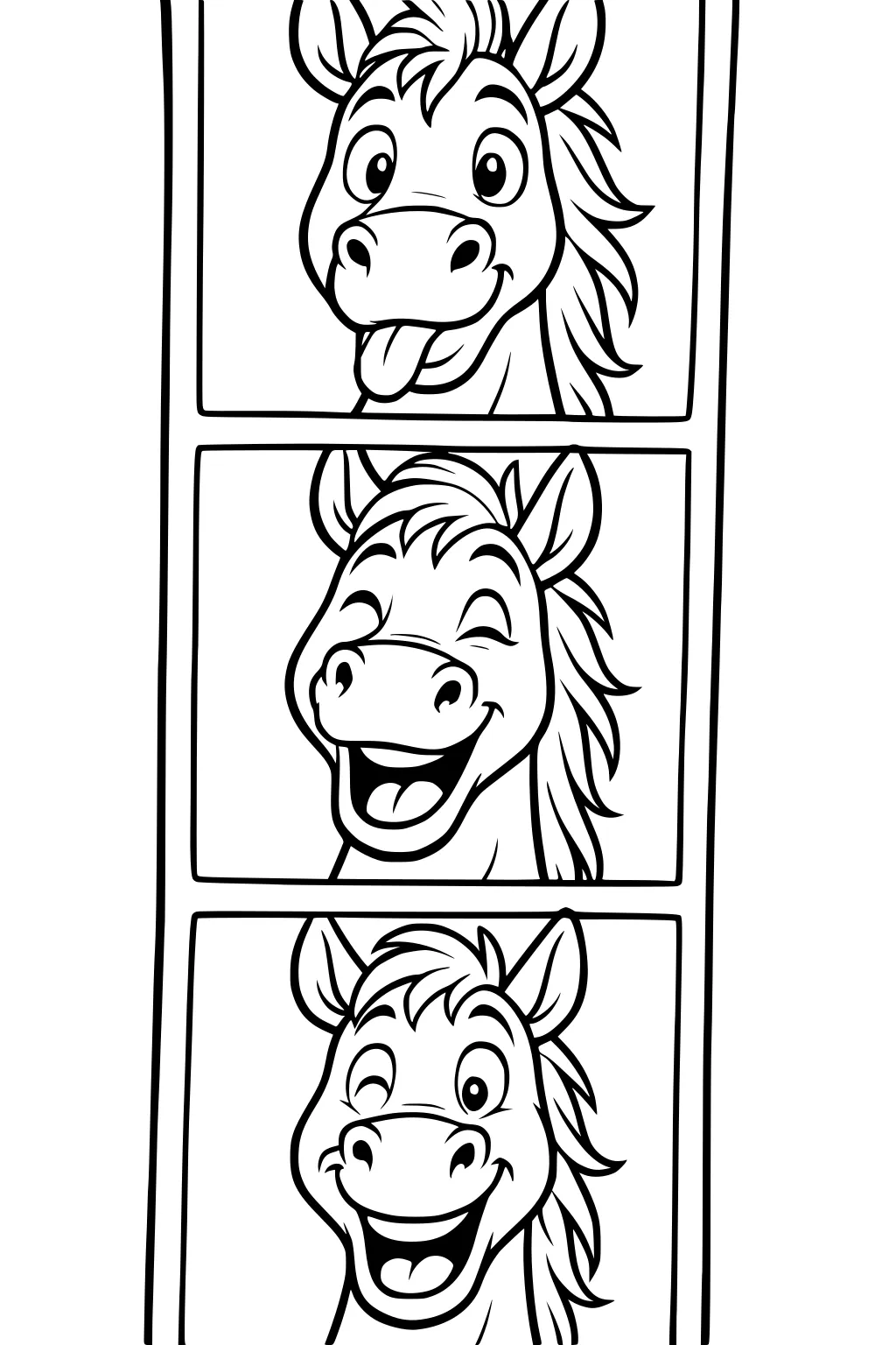 Three panels with a cartoon horse making funny faces: tongue out, laughing, and winking with a big smile.