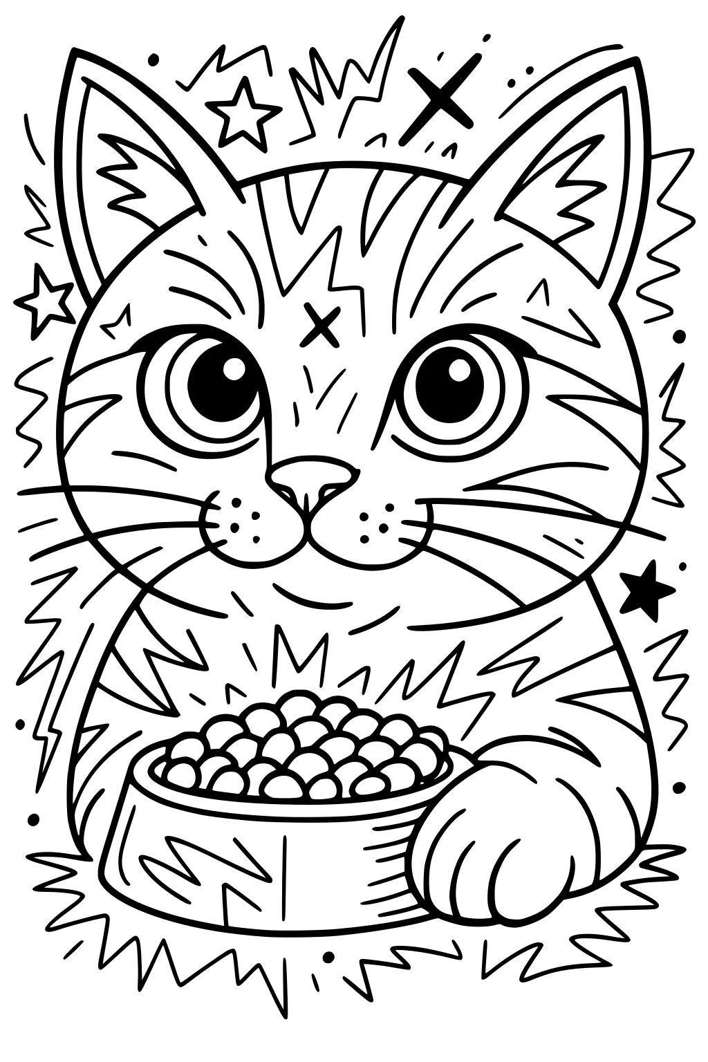 Playful striped cat with big eyes holds a food bowl, surrounded by stars and wiggly lines in cartoon style.