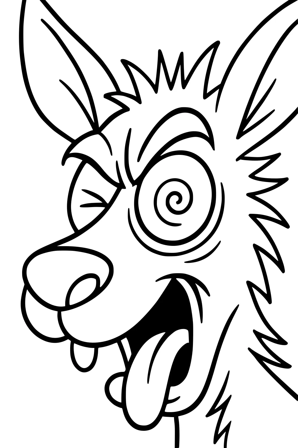Cartoon kangaroo with spiral eye, large nose, shaggy fur, tongue out, and one eye closed.
