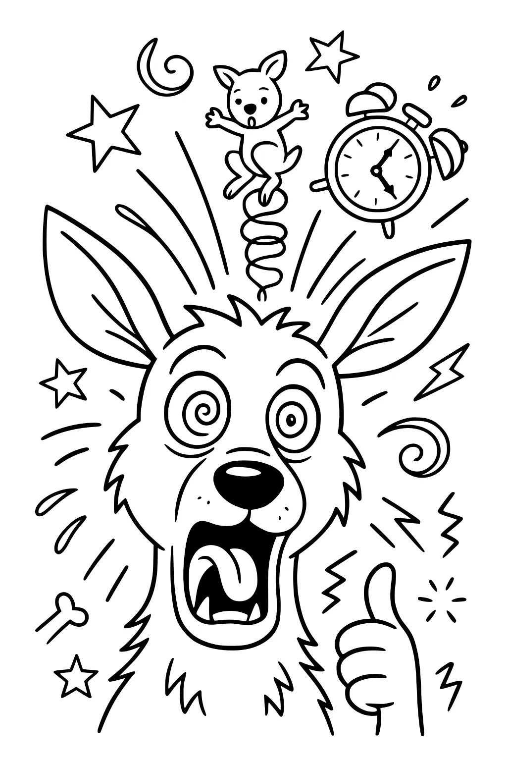 Surprised kangaroo with spiraled eyes, joey popping up on a spring, alarm clock, stars, and thumbs-up paw.