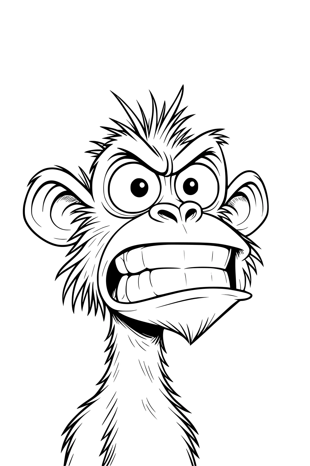 Cartoon monkey with spiky fur, big eyes, ears out, and a wide toothy grin showing its bottom jaw.