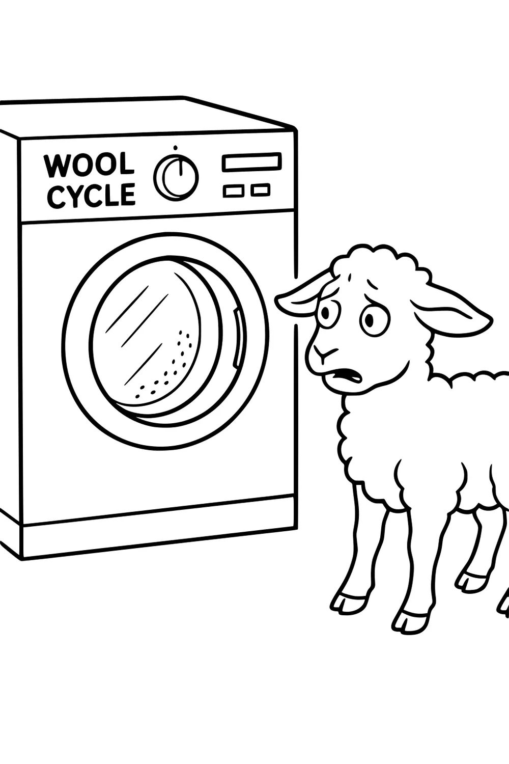 A sheep with a worried face stands near a washing machine with WOOL CYCLE written on it.