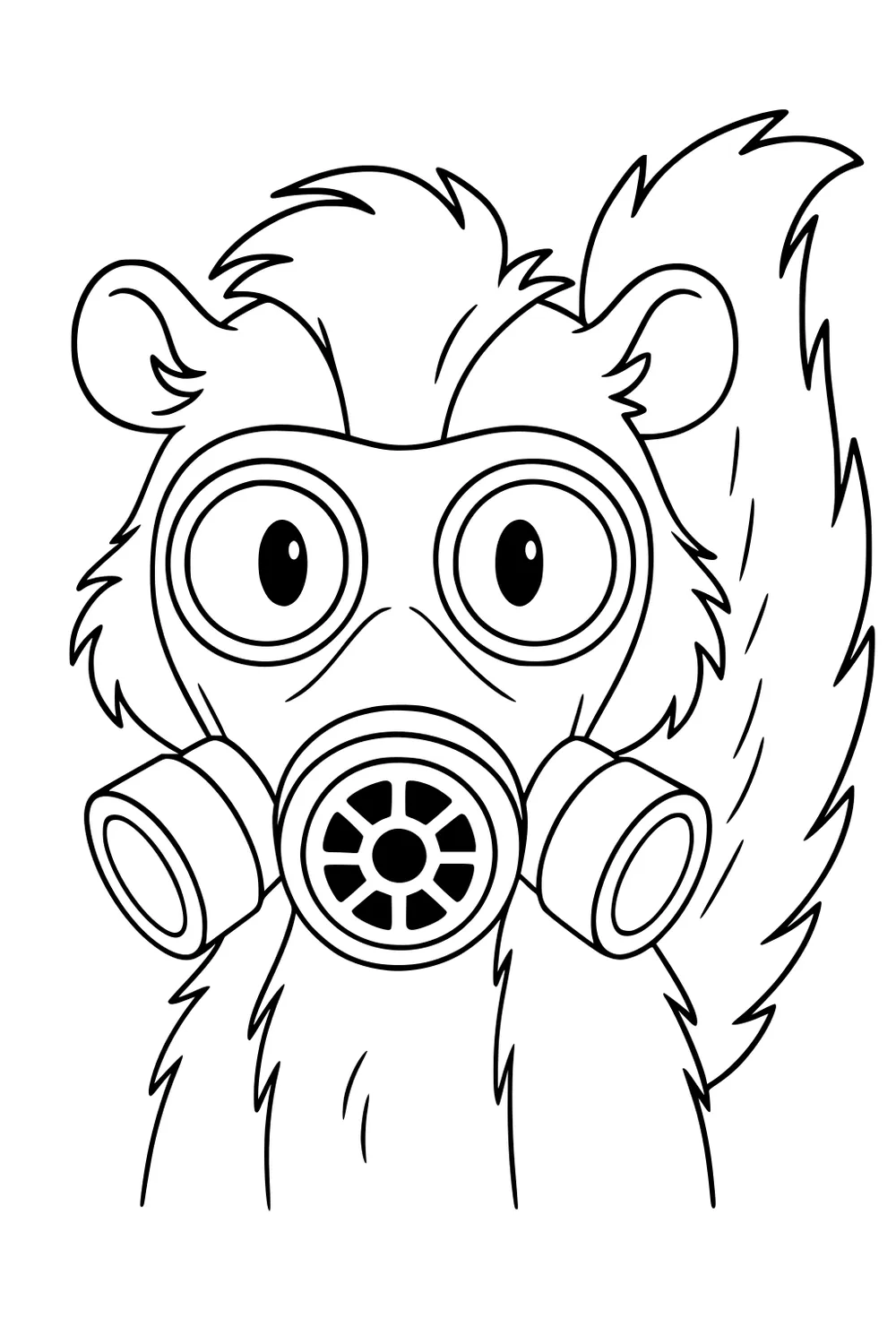 Cartoon skunk with round eyes and a big gas mask covering its face, fluffy tail visible behind.