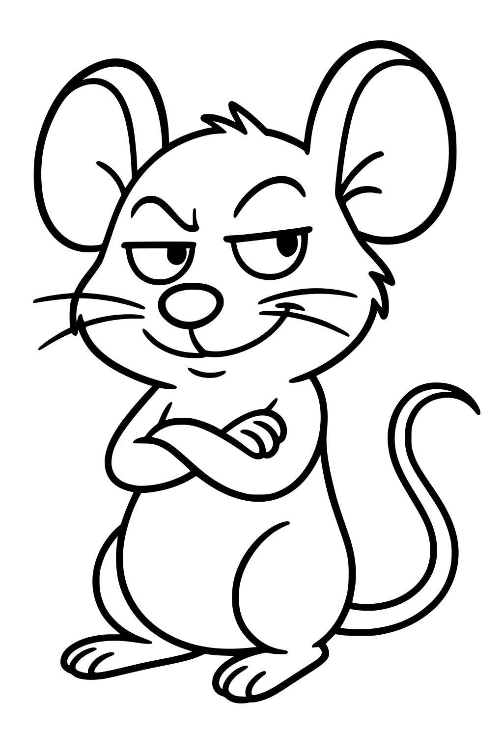Cartoon mouse with big ears, crossed arms, sly grin, and arched eyebrow standing on two feet with long tail.
