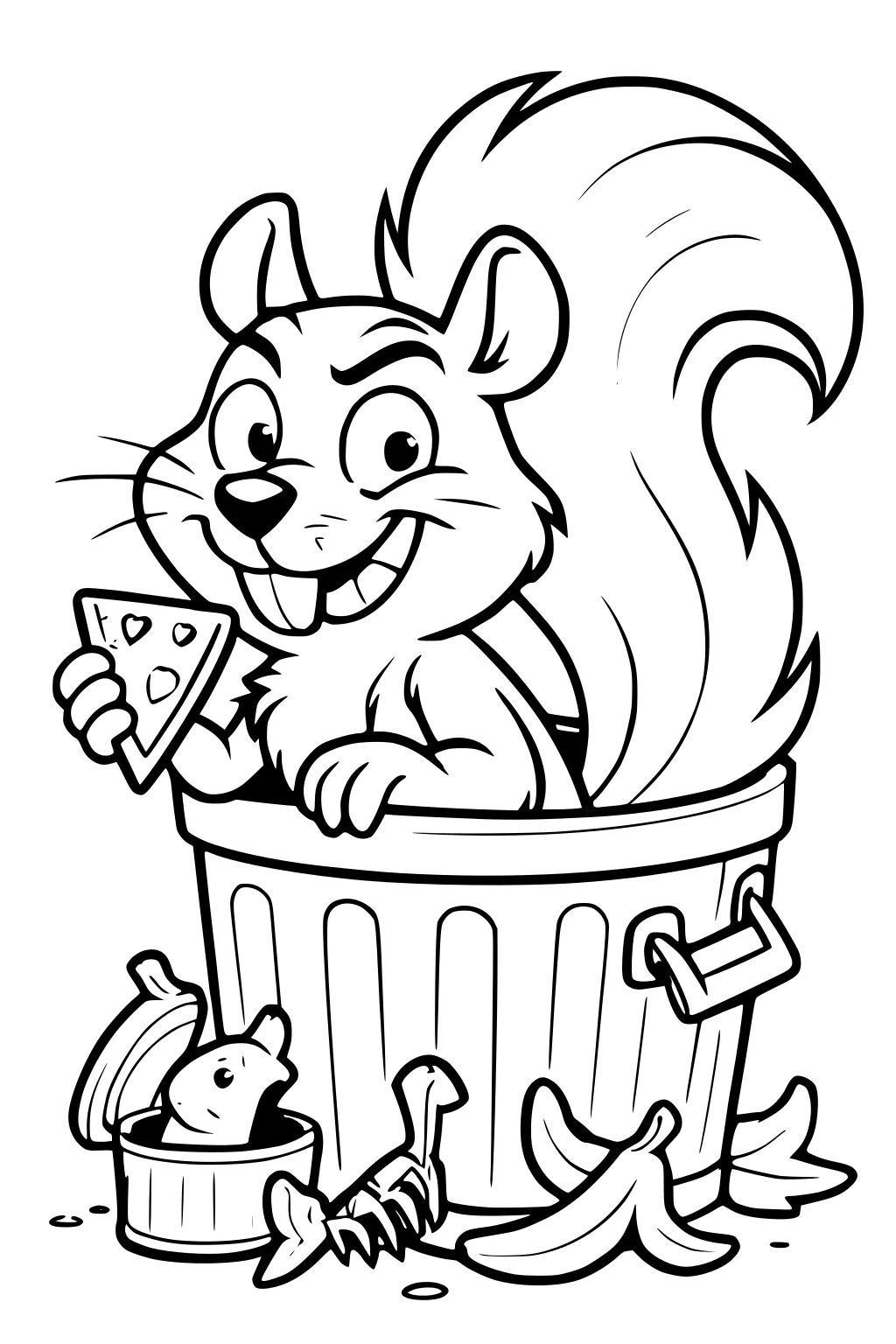Cartoon squirrel holding pizza, sitting in a trash can with banana peels, fish can, and bones around the base.