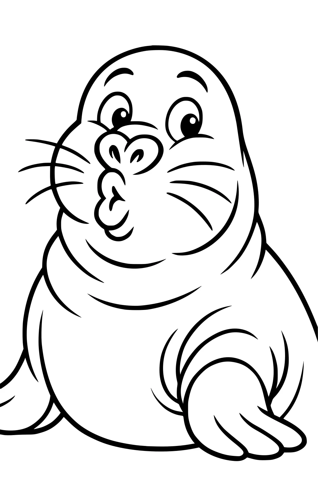 Cartoon walrus with puckered lips, big eyes, whiskers, and flippers, sitting and facing toward the viewer.