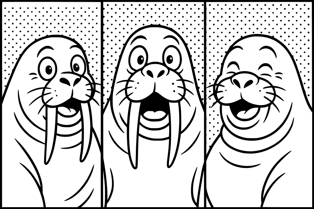 Three cartoon walruses in a comic strip style with changing facial expressions and dotted backgrounds.