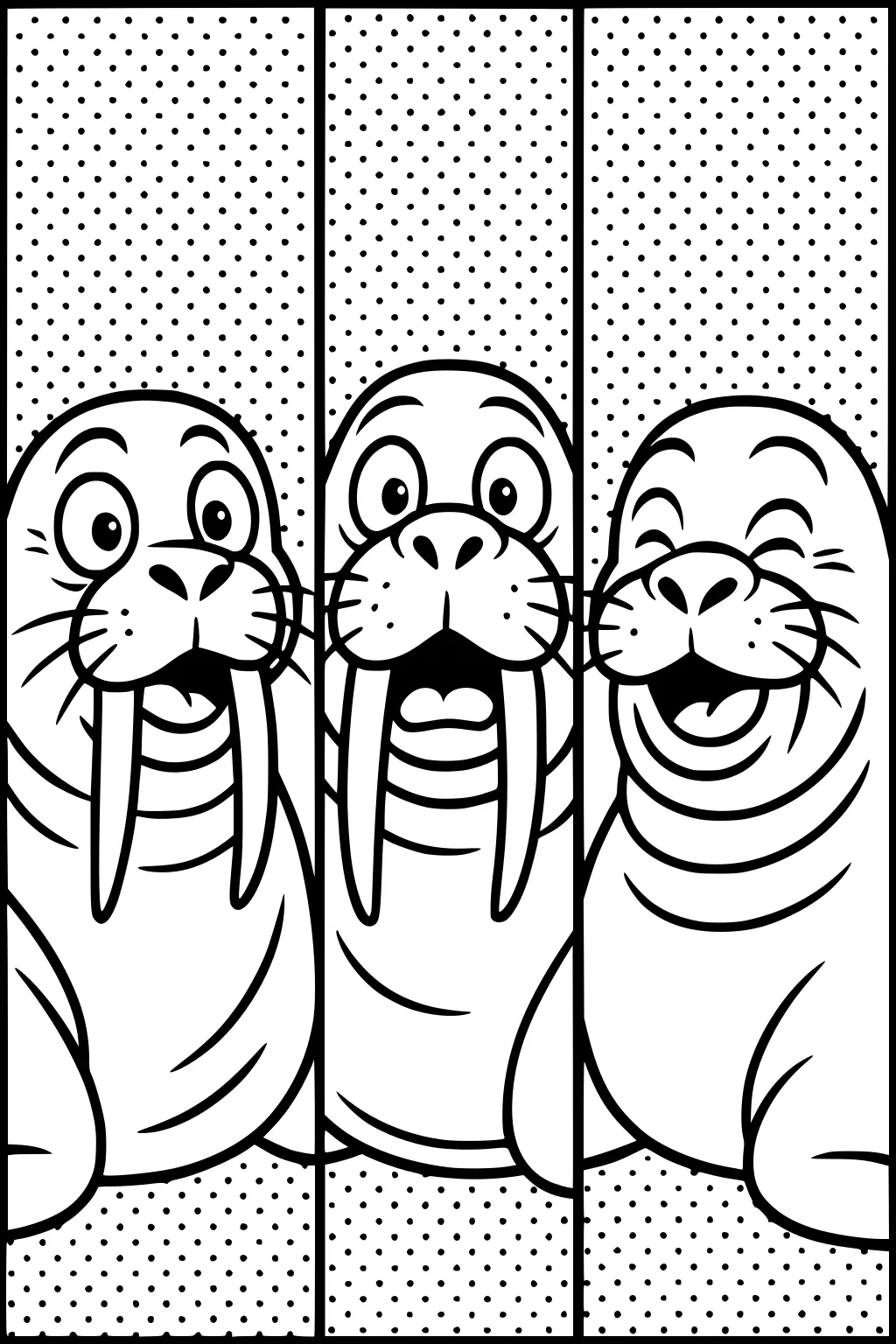 Three cartoon walruses with big tusks and funny faces, sitting together in front of a dotted background.