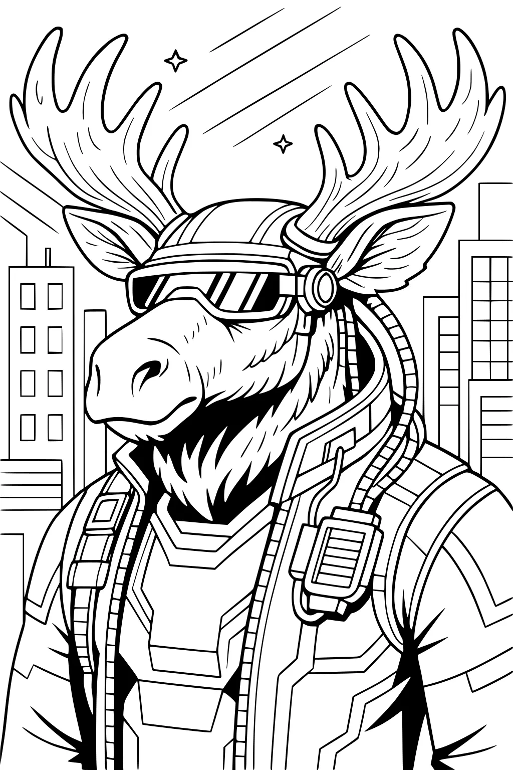 Moose in a futuristic suit with antlers and visor, city buildings and stars in background.