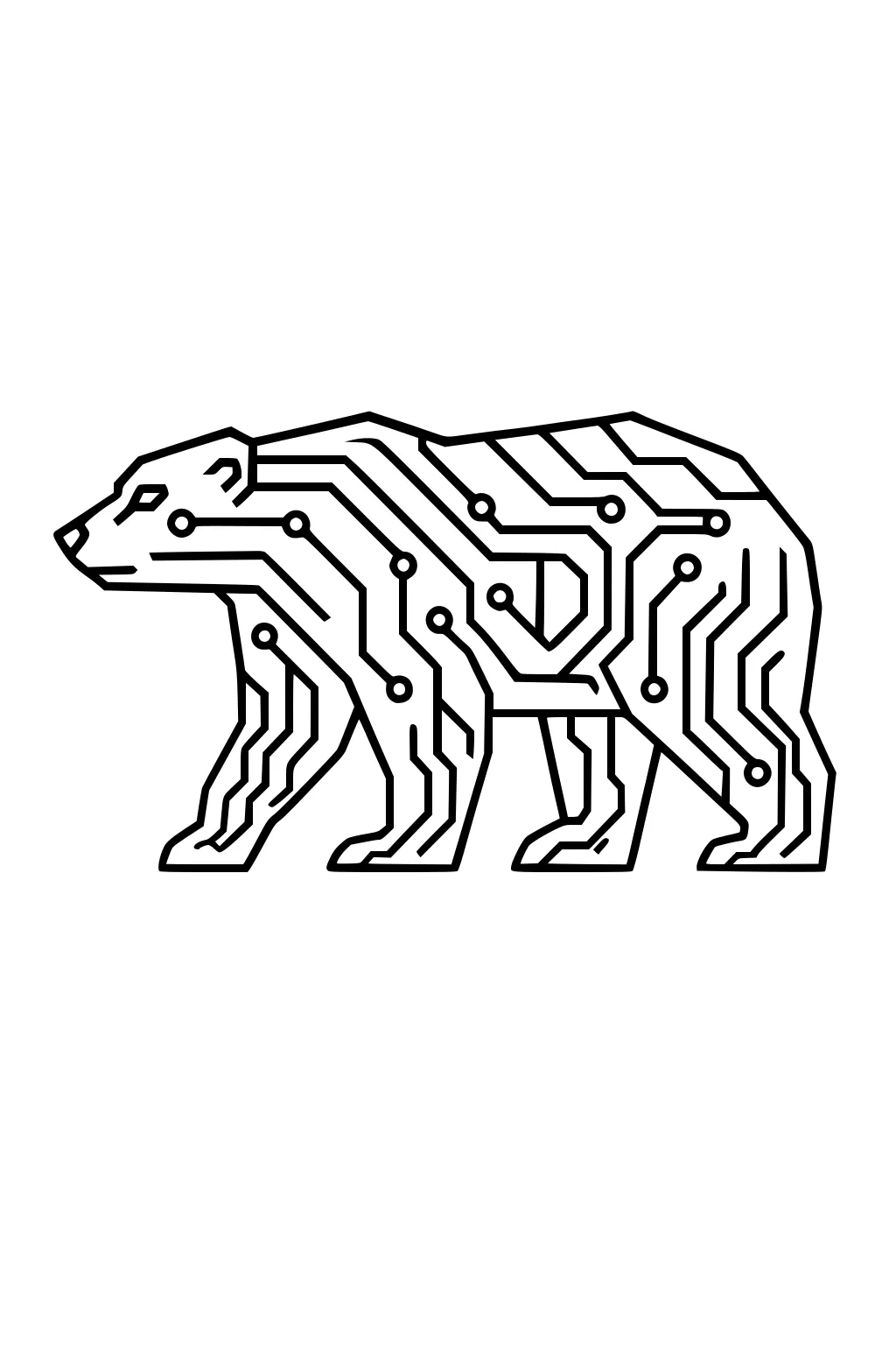 Polar bear silhouette filled with black outlined circuit board patterns and circles, standing and walking left.