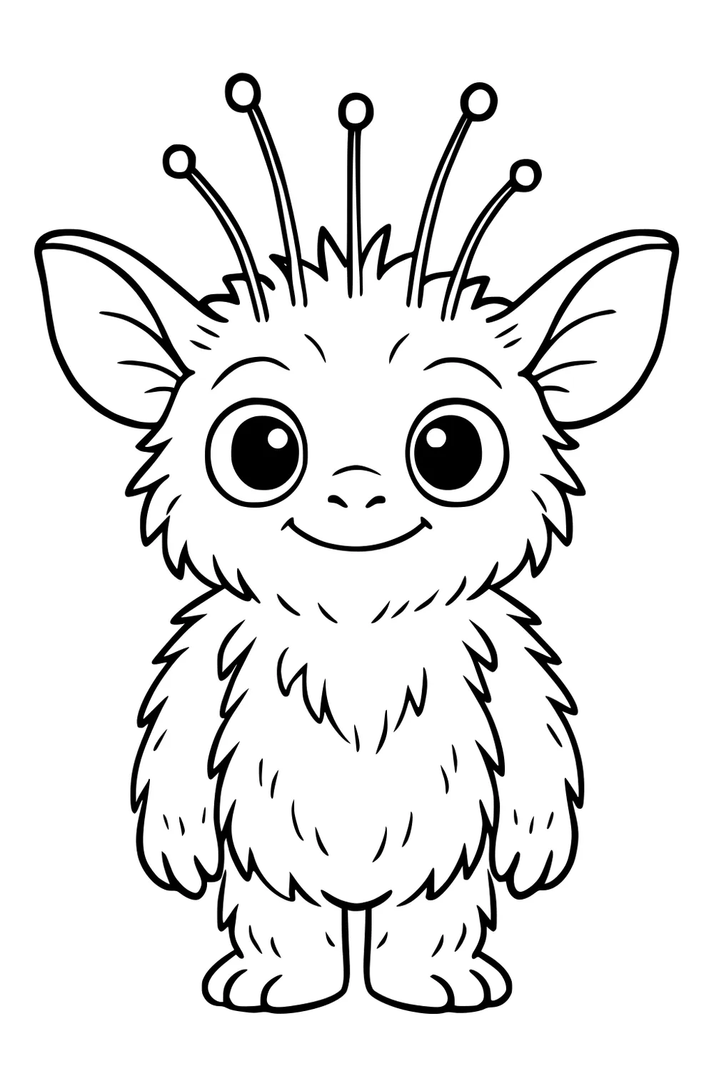 Smiling furry alien boy with big eyes, large ears, and four antennae, standing upright with simple outlines and blank background.