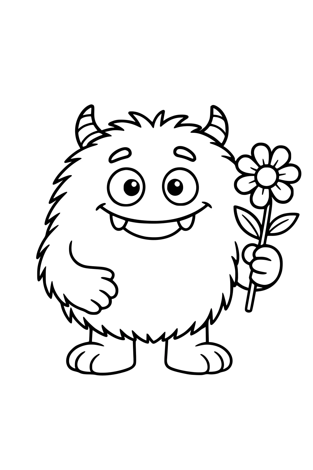 Smiling fluffy monster with striped horns holds a daisy with two leaves, big round eyes, small fangs, and chunky feet, outlined for coloring.