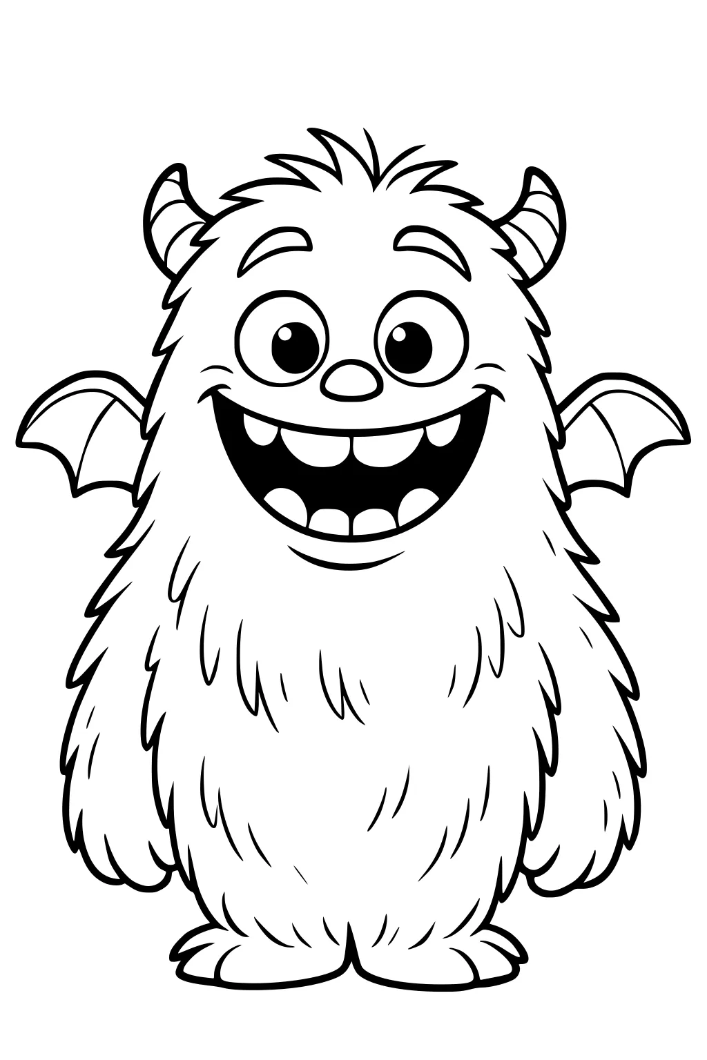 Smiling furry monster with striped horns, big eyes, wide mouth, and small bat wings, standing with shaggy body and stubby feet.
