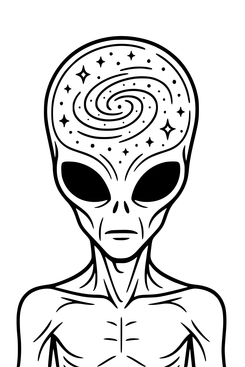 Line art alien with big black eyes and a tall head showing a spiral galaxy and stars; upper torso and shoulders visible.