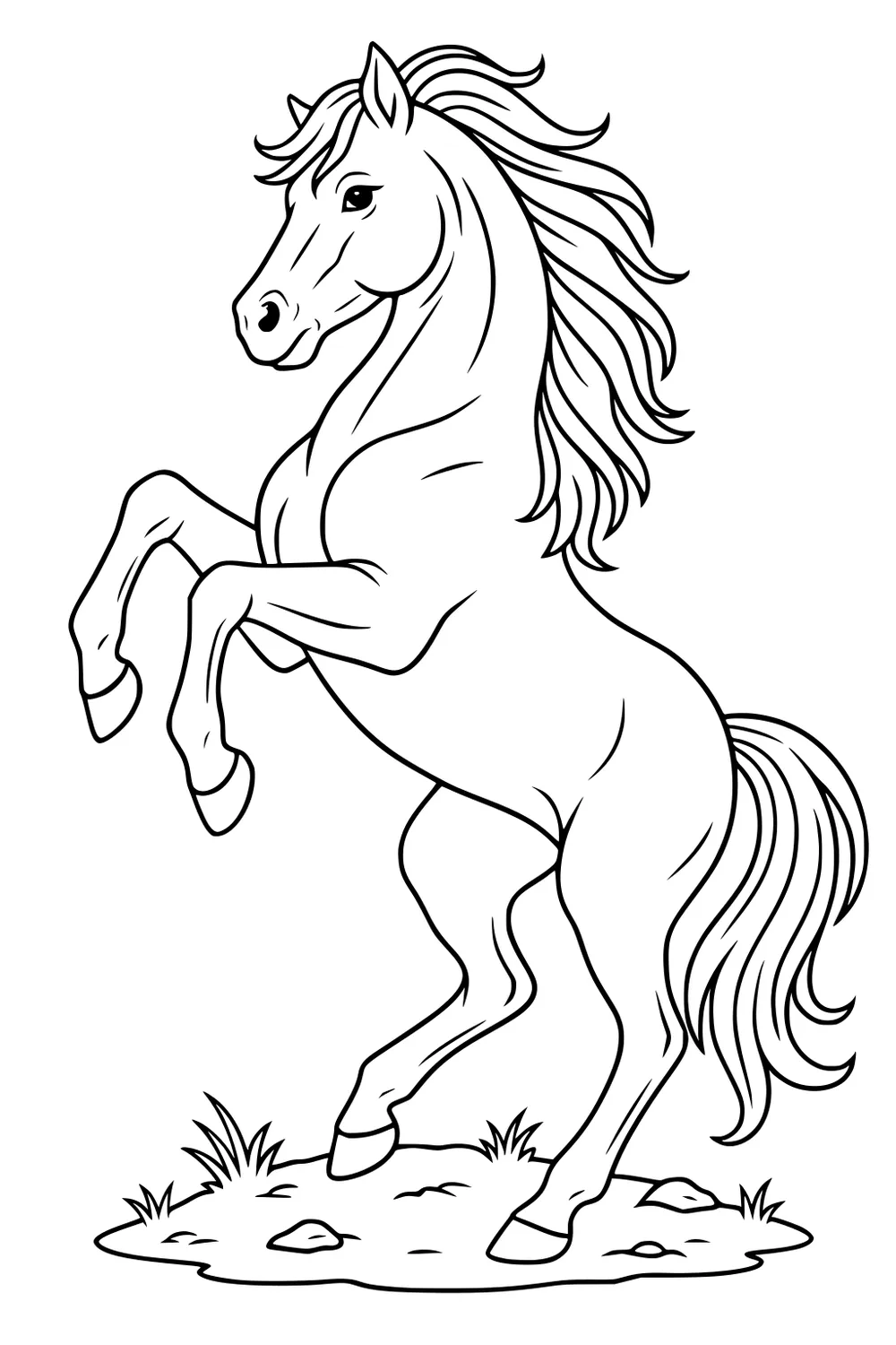 Horse rearing on hind legs with flowing mane and tail on patch of grass and rocks.
