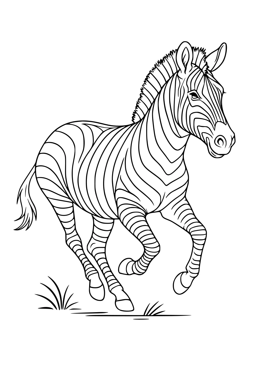 Line drawing of a zebra running with curved stripes, upright mane, lifted hooves, and tufts of grass on the ground beneath.