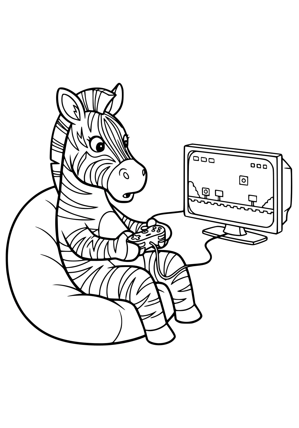Cartoon zebra boy on a bean bag plays a game with a wired controller; TV shows a simple platform level with boxes and clouds.