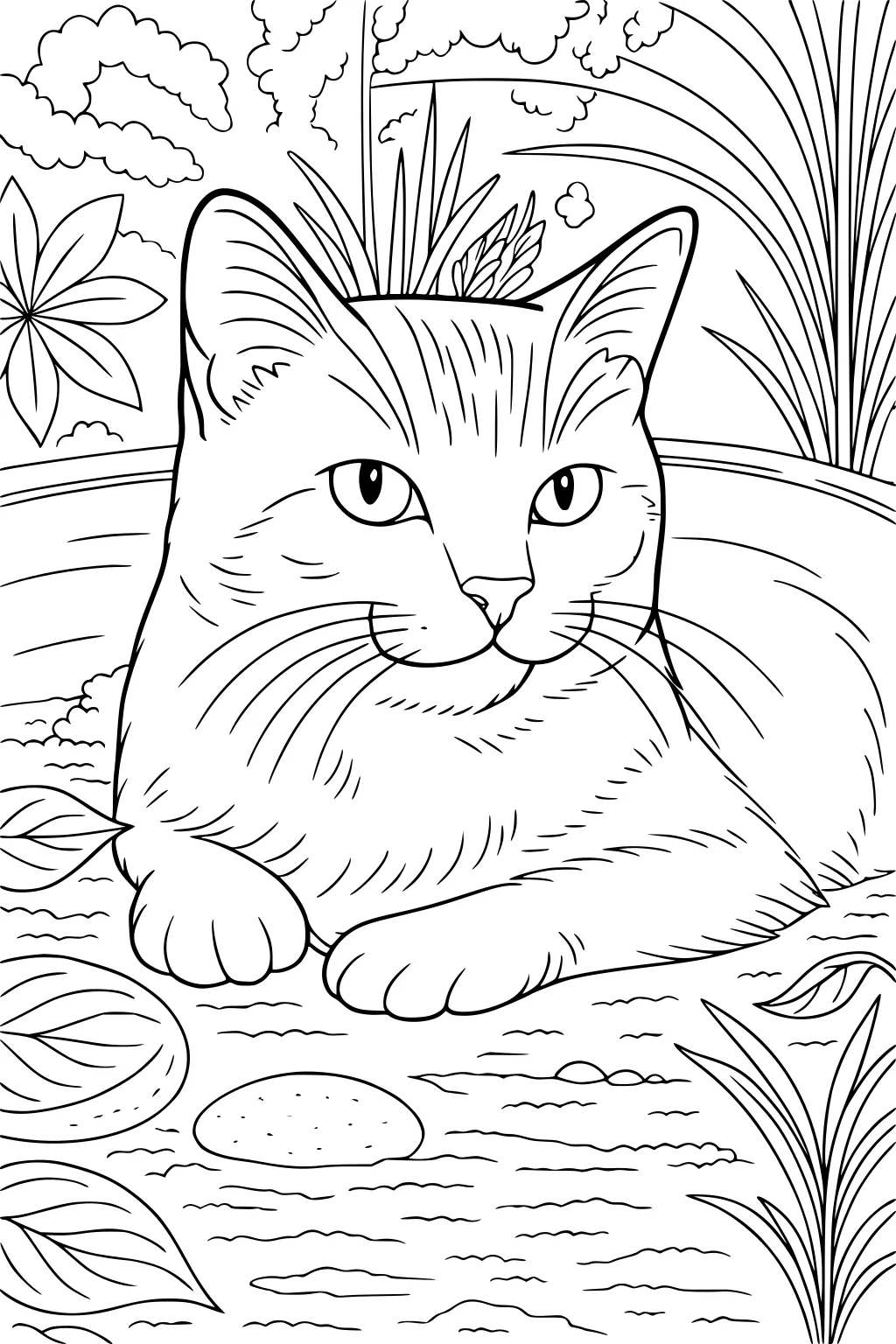 Domestic cat lying in a garden surrounded by grass, large leaves, flowers, and clouds in the background.