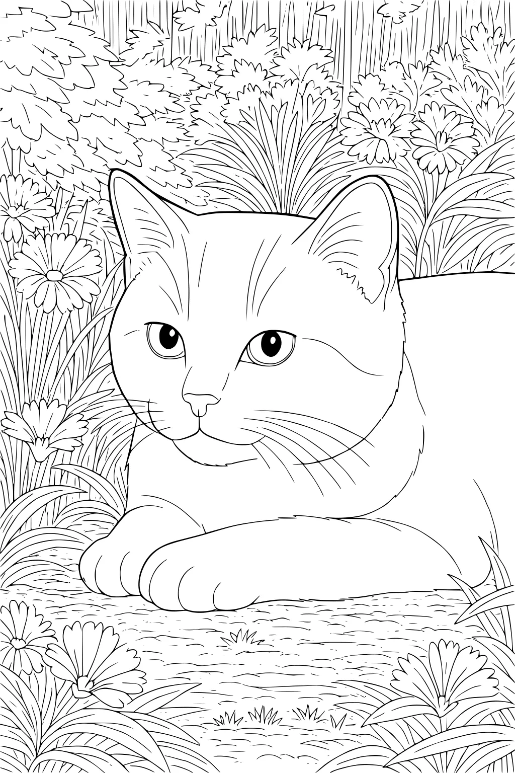 Domestic cat lying in tall grass and flowers with detailed background and calm expression.