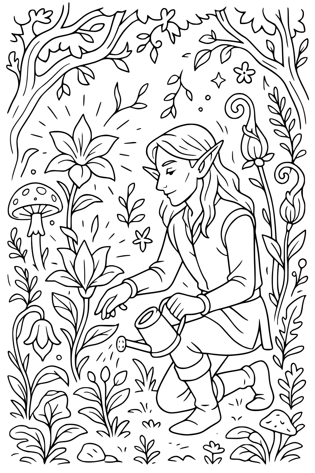 Boy elf kneels with a watering can, watering big flowers in a forest garden with mushrooms, vines, and sparkles around.