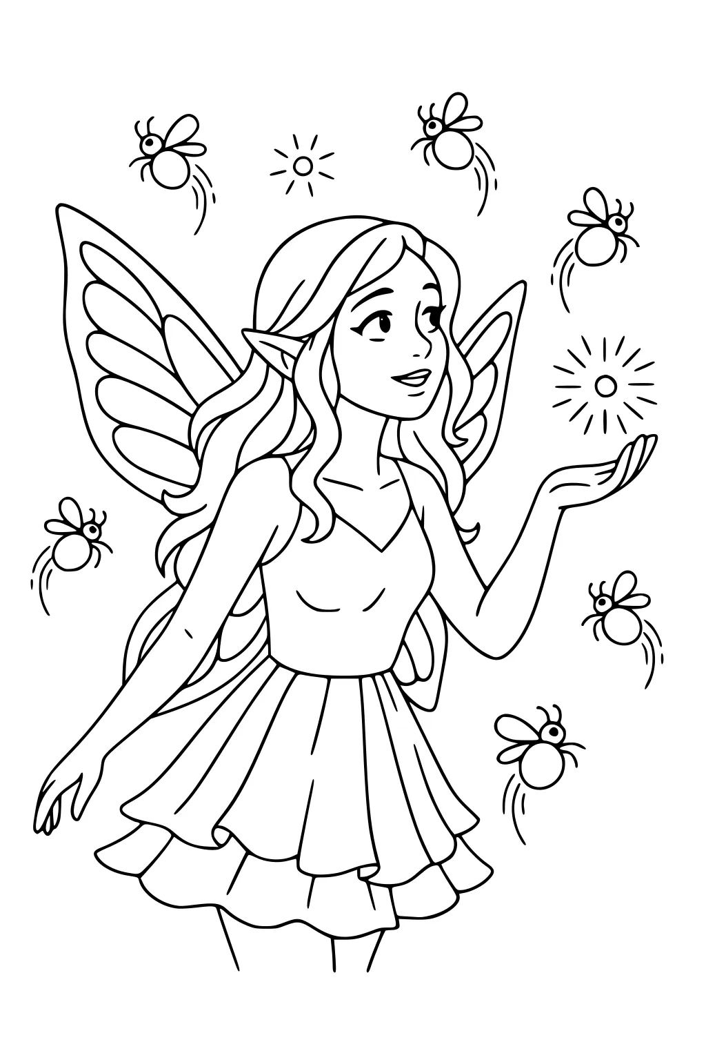 Fairy girl with big wings holds a glowing orb as small fireflies buzz around, with motion lines and starburst sparks, blank background.