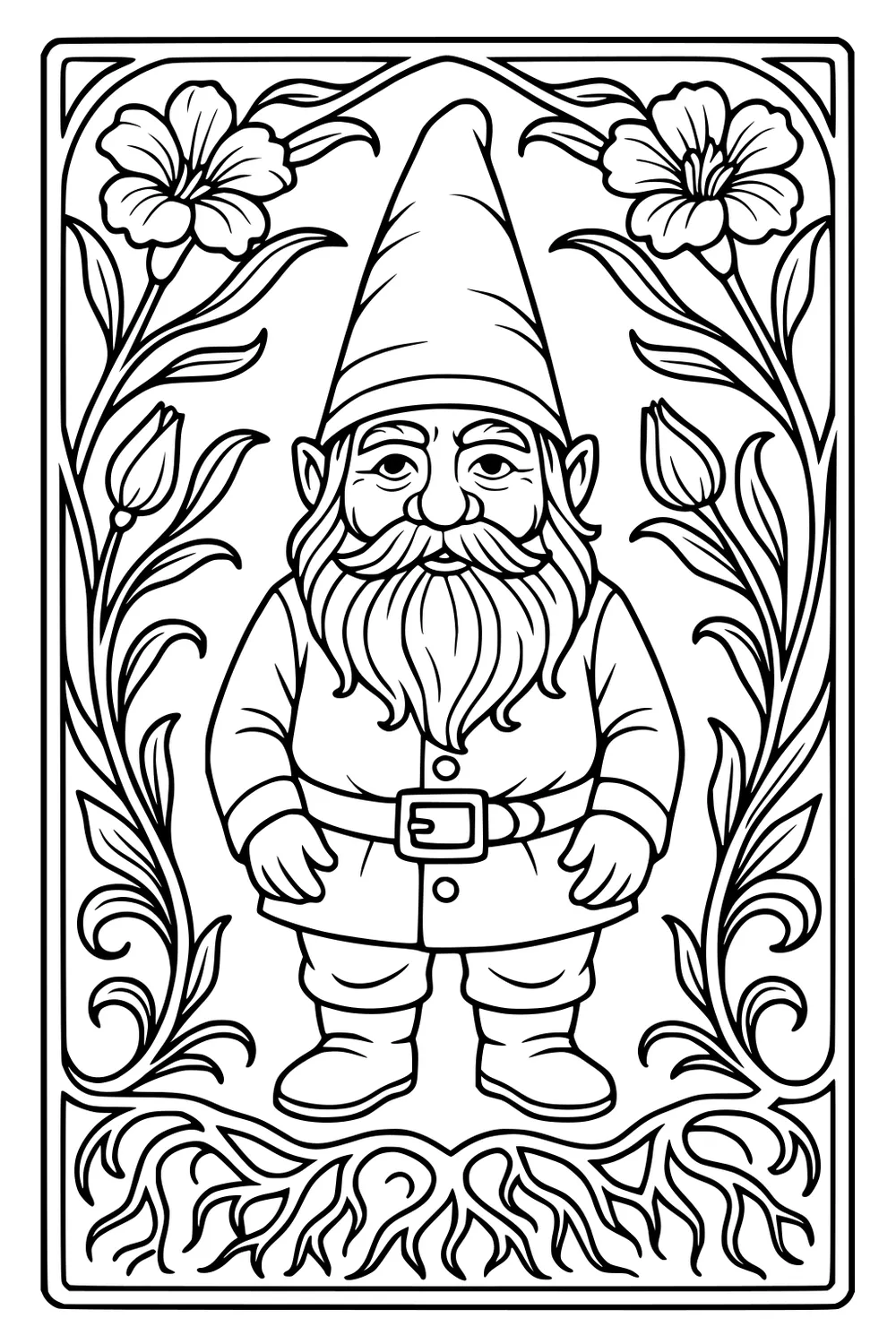 Garden gnome with tall hat and beard inside a floral border of vines and roots, wearing a belted coat and boots.