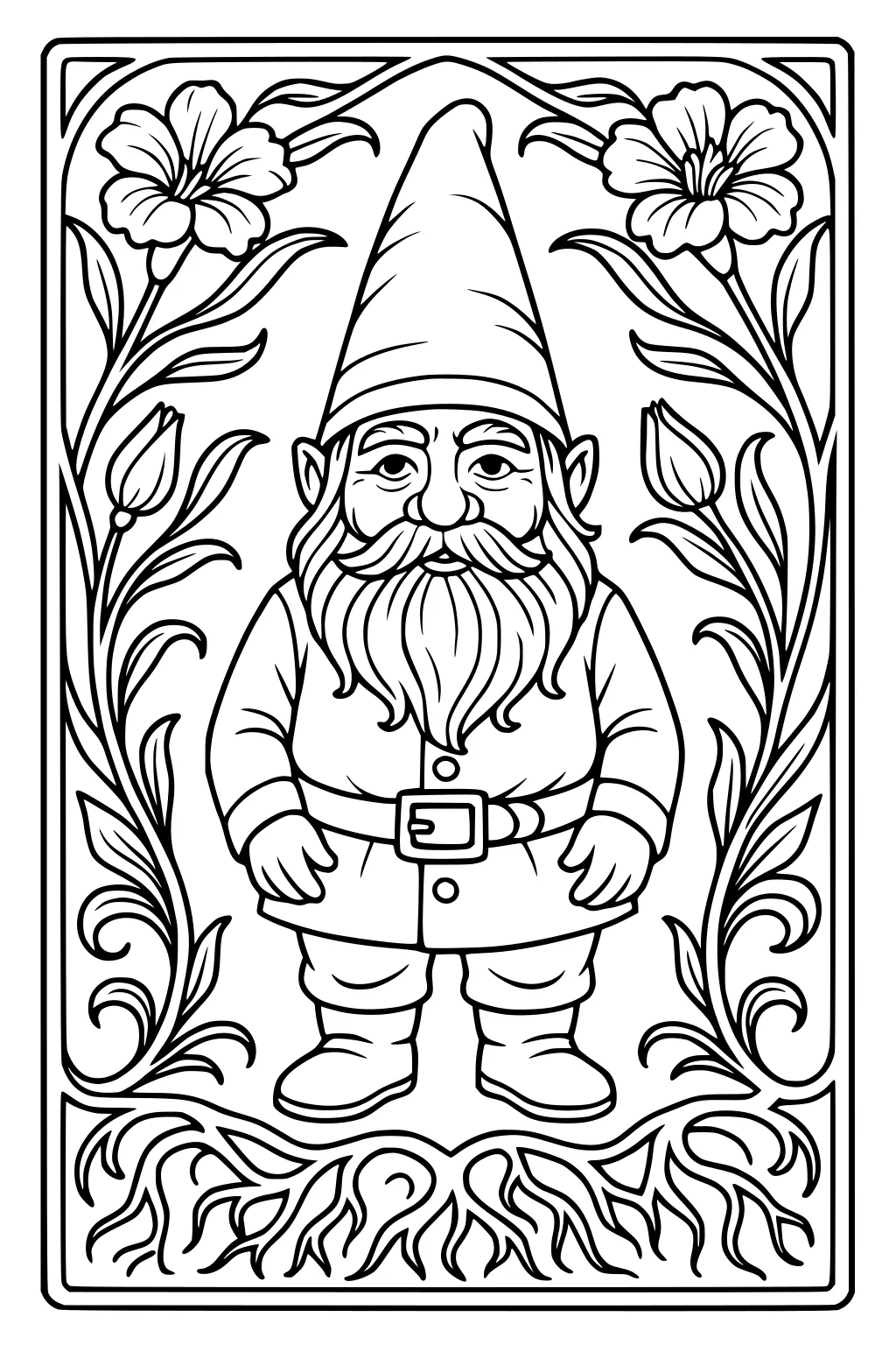 Garden gnome with tall hat and beard inside a floral border of vines and roots, wearing a belted coat and boots.