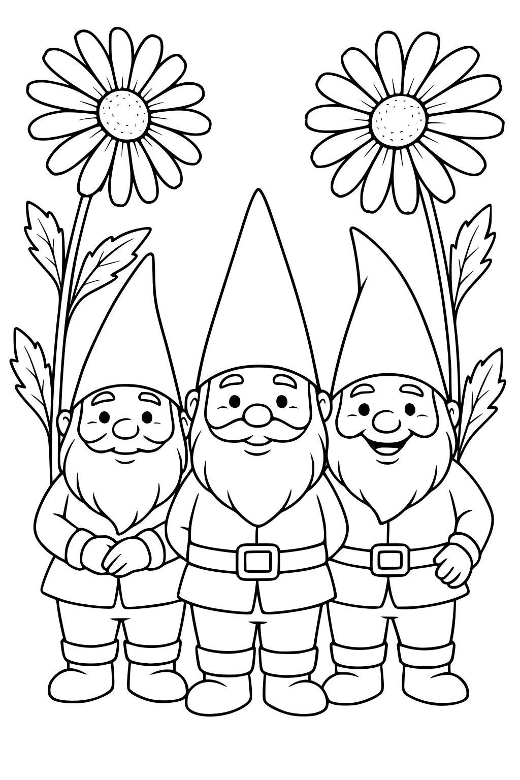 Three smiling garden gnomes in pointy hats stand beneath two tall daisies with leaves, drawn in simple cartoon lines.