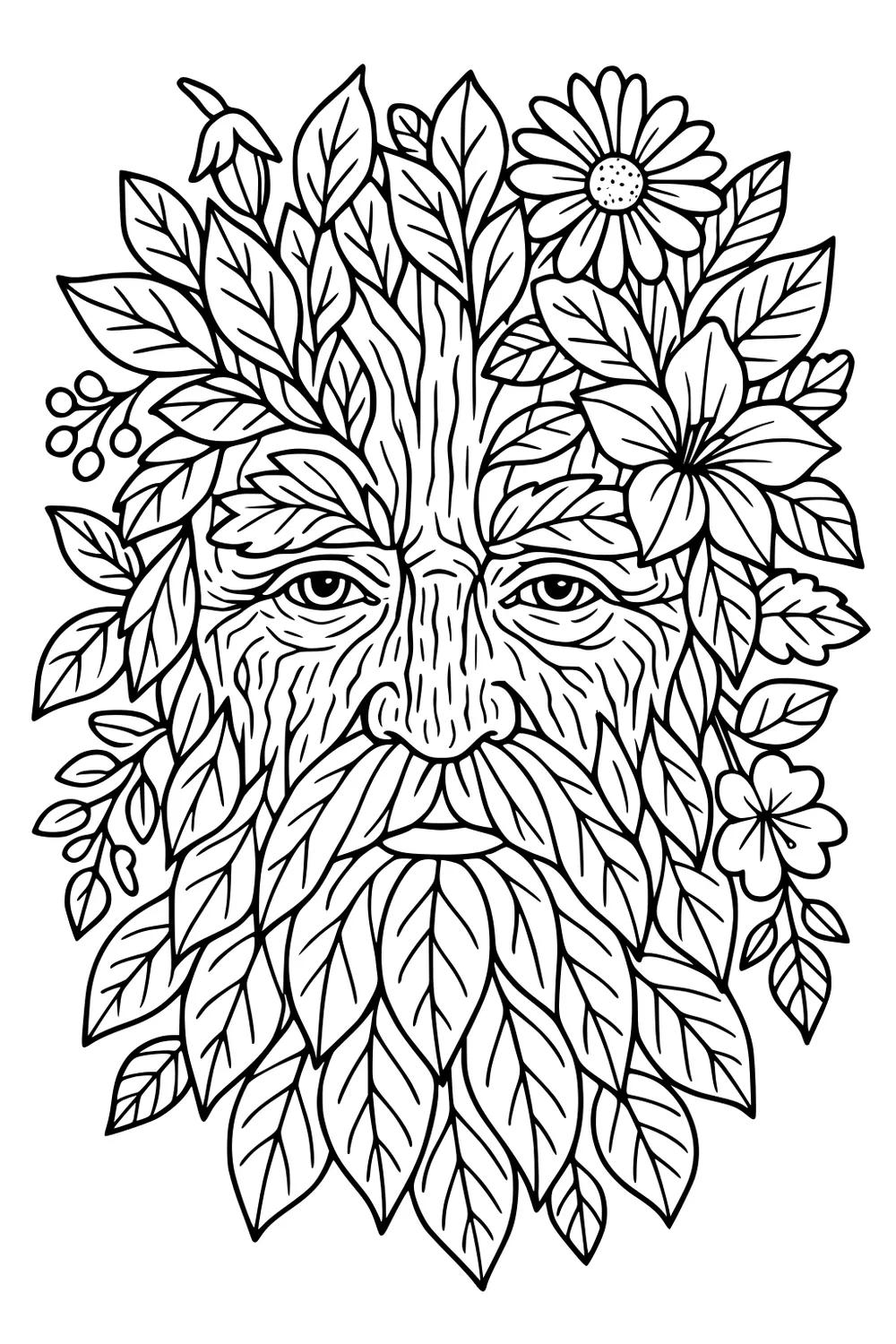 Elderly man's face formed from leaves, with a leafy beard, flowers, and berries in black line art.