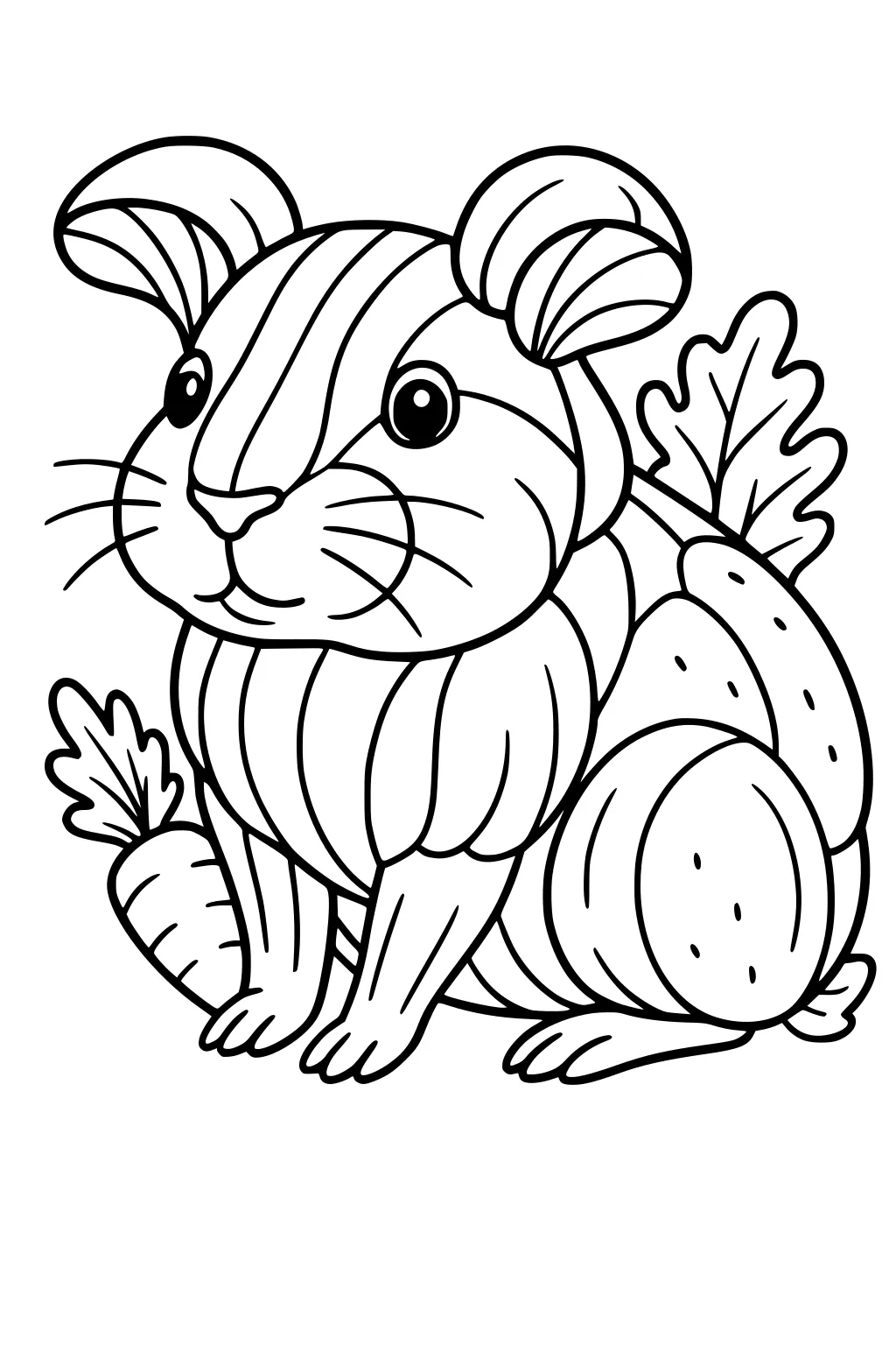 Guinea pig with striped fur holding a carrot, surrounded by garden leaves and plants.
