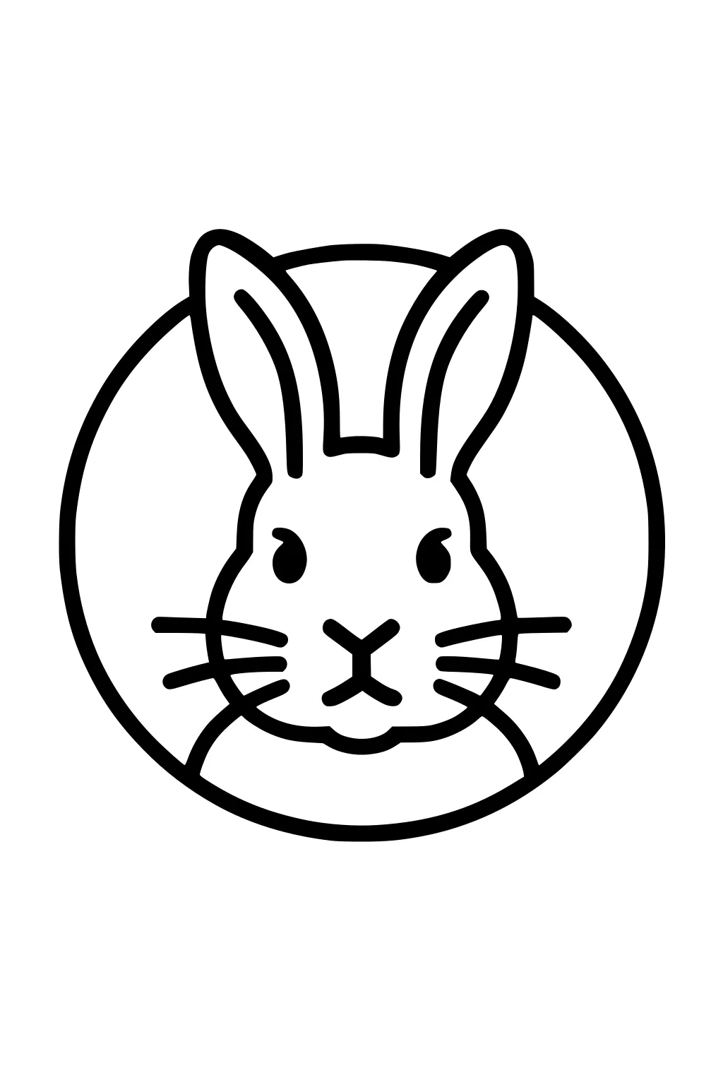 Simple rabbit face with upright ears and whiskers inside a circle outline. Thick black lines on white background.