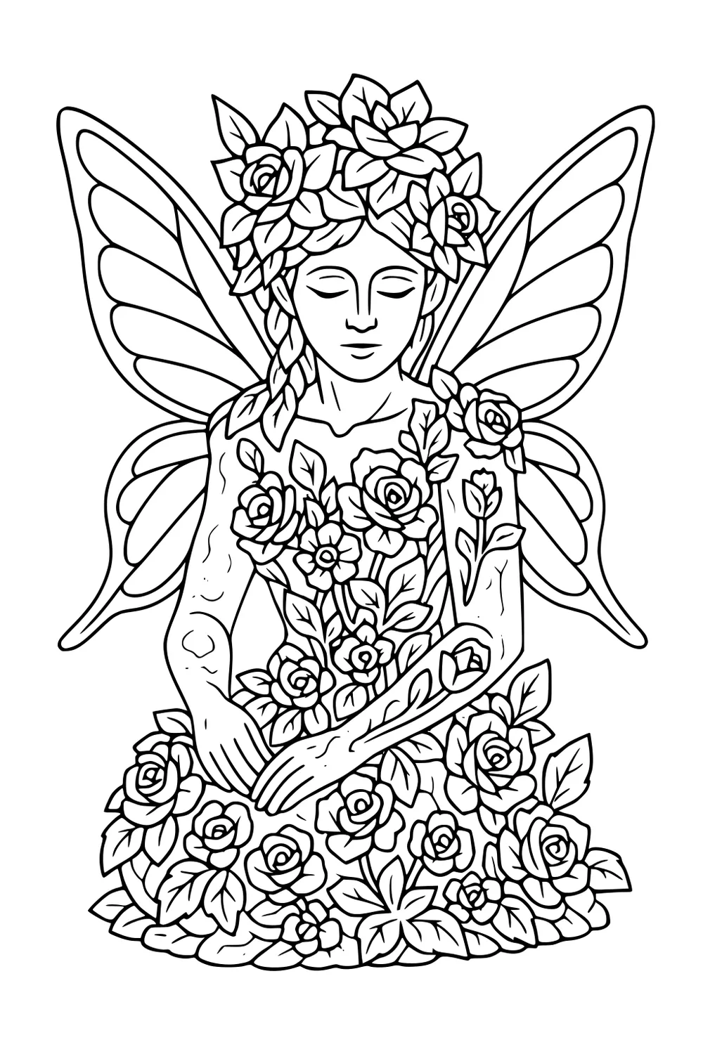 Fairy girl with large wings and flower crown, hands folded on a dress of roses with many leaves and petals.